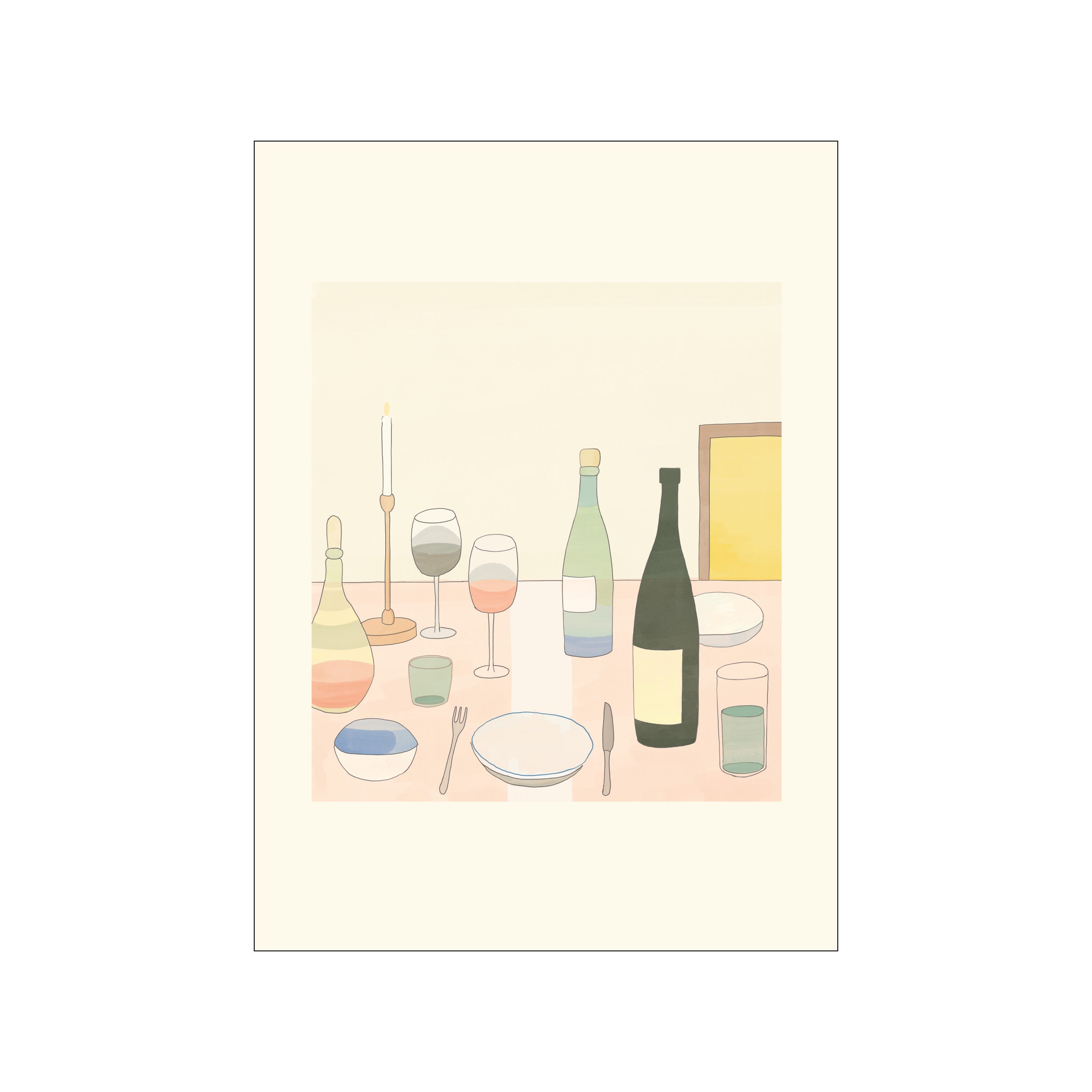 A minimalist watercolor-style depiction of a dinner table setting with wine bottles, glasses, plates, and a lit candle, rendered in soft blush, pale yellow, and muted green tones.