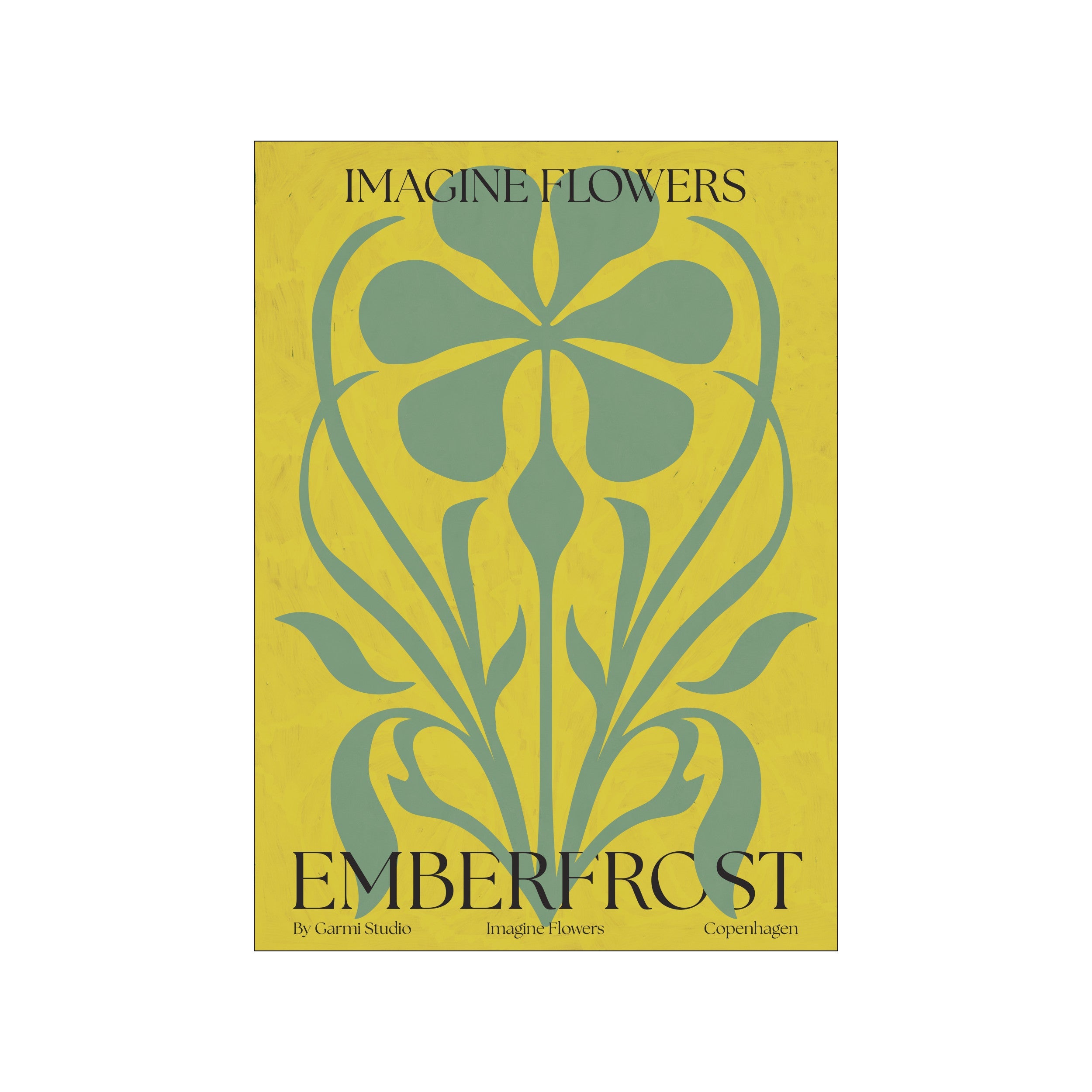 A graphic illustration of stylized botanical elements in muted sage green against a textured marigold yellow background, with the title 'Emberfrost' at the bottom.