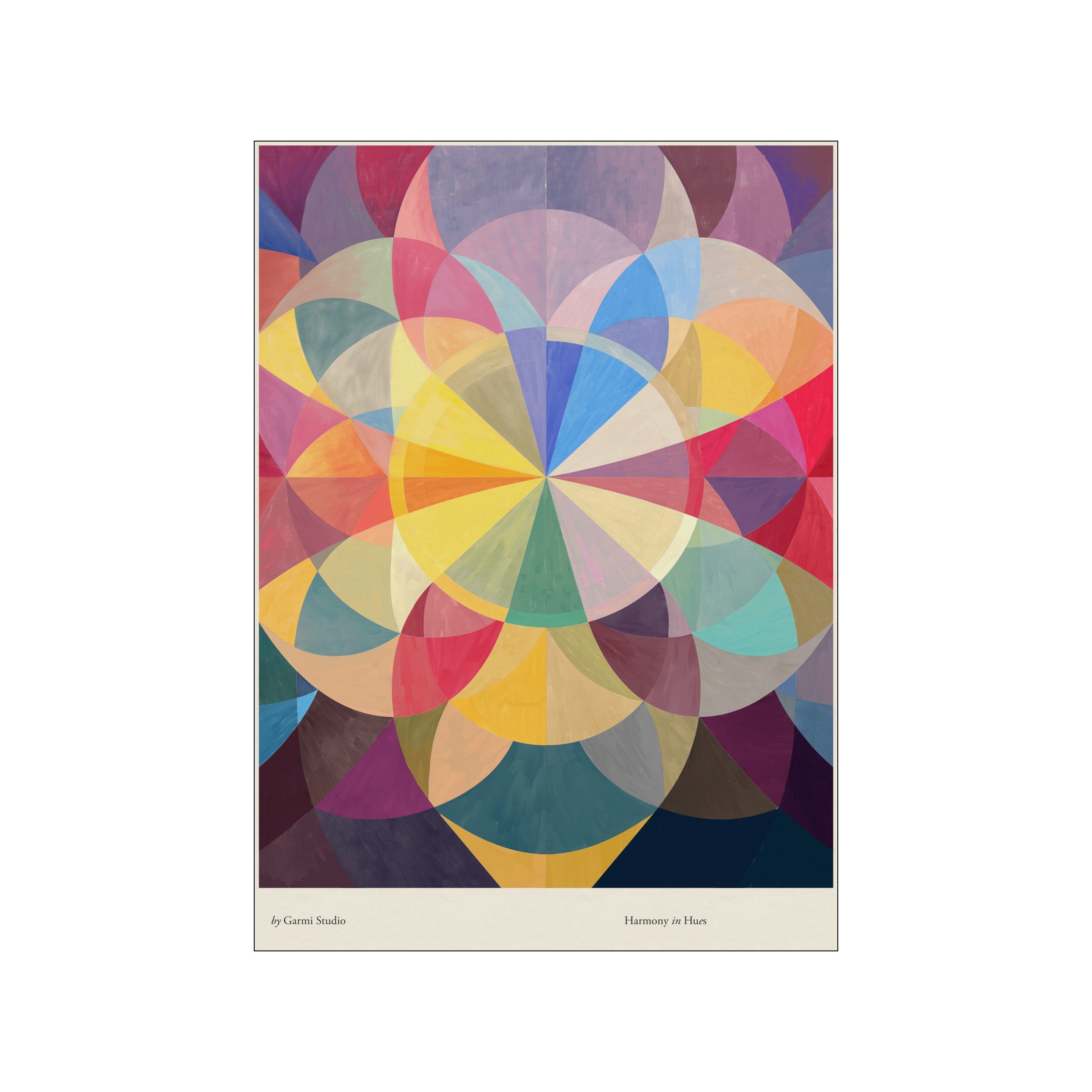 Abstract geometric artwork titled 'Harmony in Hues' by By Garmi, featuring interlocking arcs and a soft, vibrant color palette of blues, yellows, pinks, and purples, evoking a sense of calm and balance.