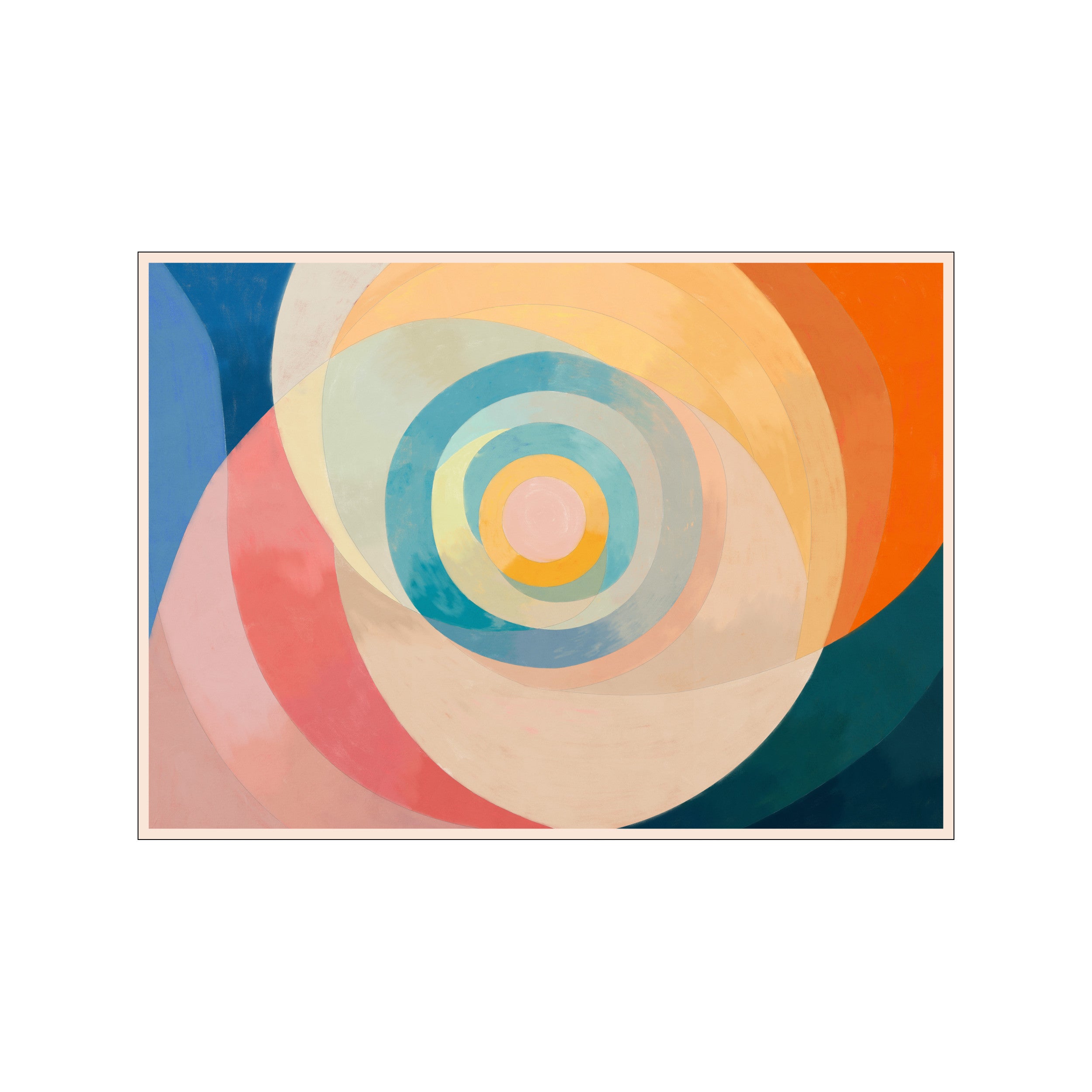 An abstract artwork featuring concentric, overlapping curved bands in a gradient of colors from deep blue and teal to peach, coral, yellow, and cream, suggesting a swirling landscape or celestial body.