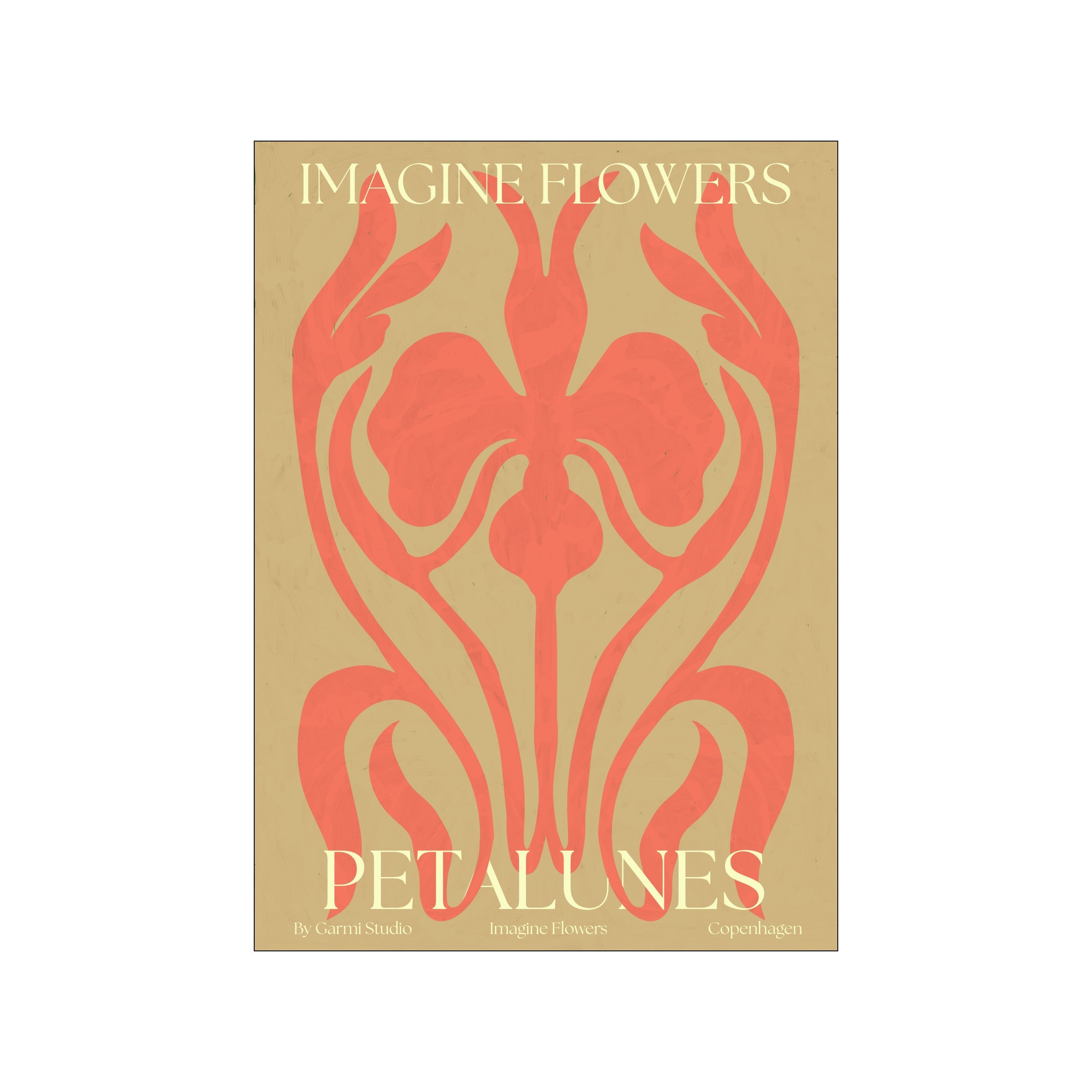 A stylized coral floral design with 'Petalunes' text in cream on a textured beige background. Evokes a feeling of vintage charm and serene natural beauty.