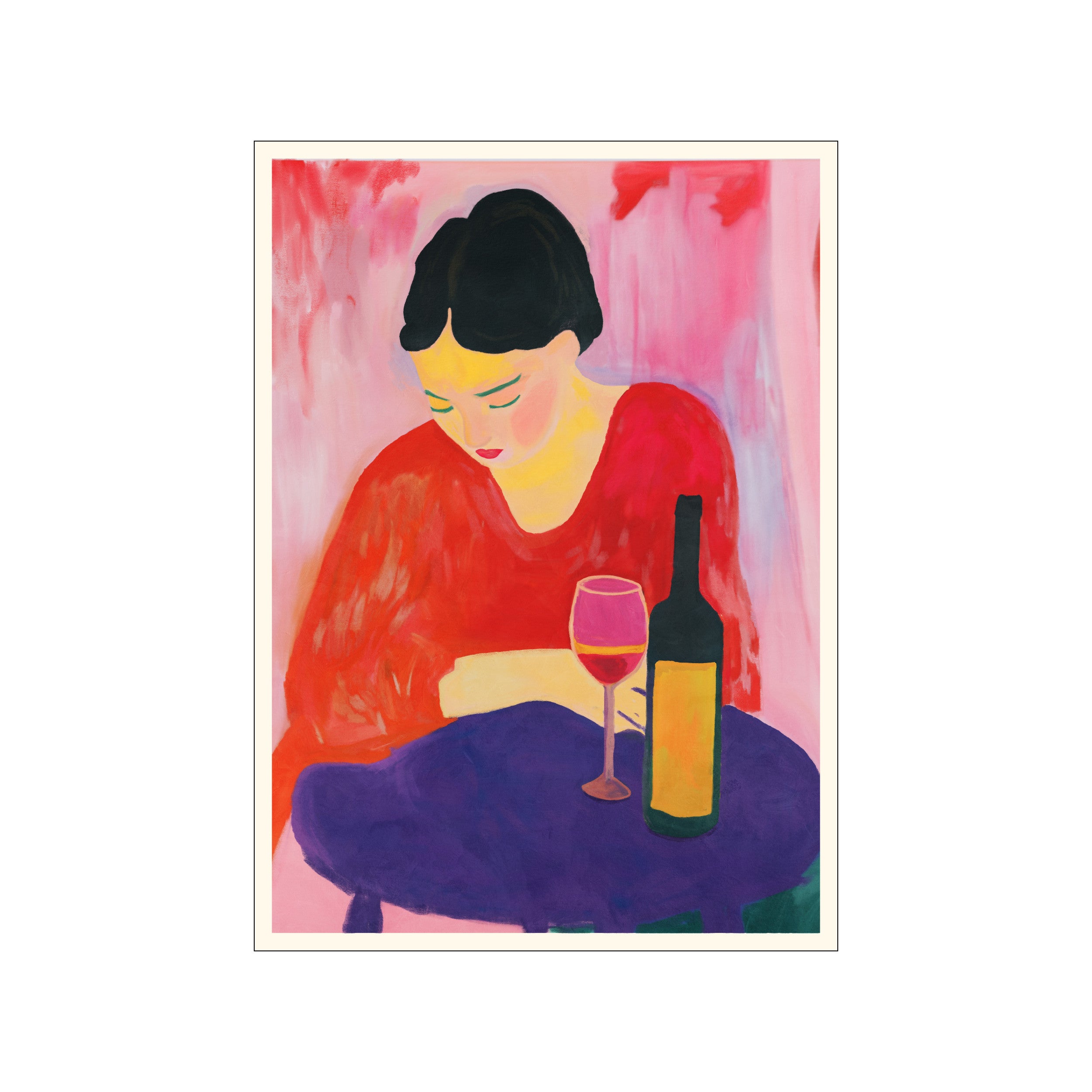 An impressionistic portrait of a woman in a red top, looking down with a glass of wine and a bottle on a table, set against a backdrop of pink and red hues. Evokes a feeling.