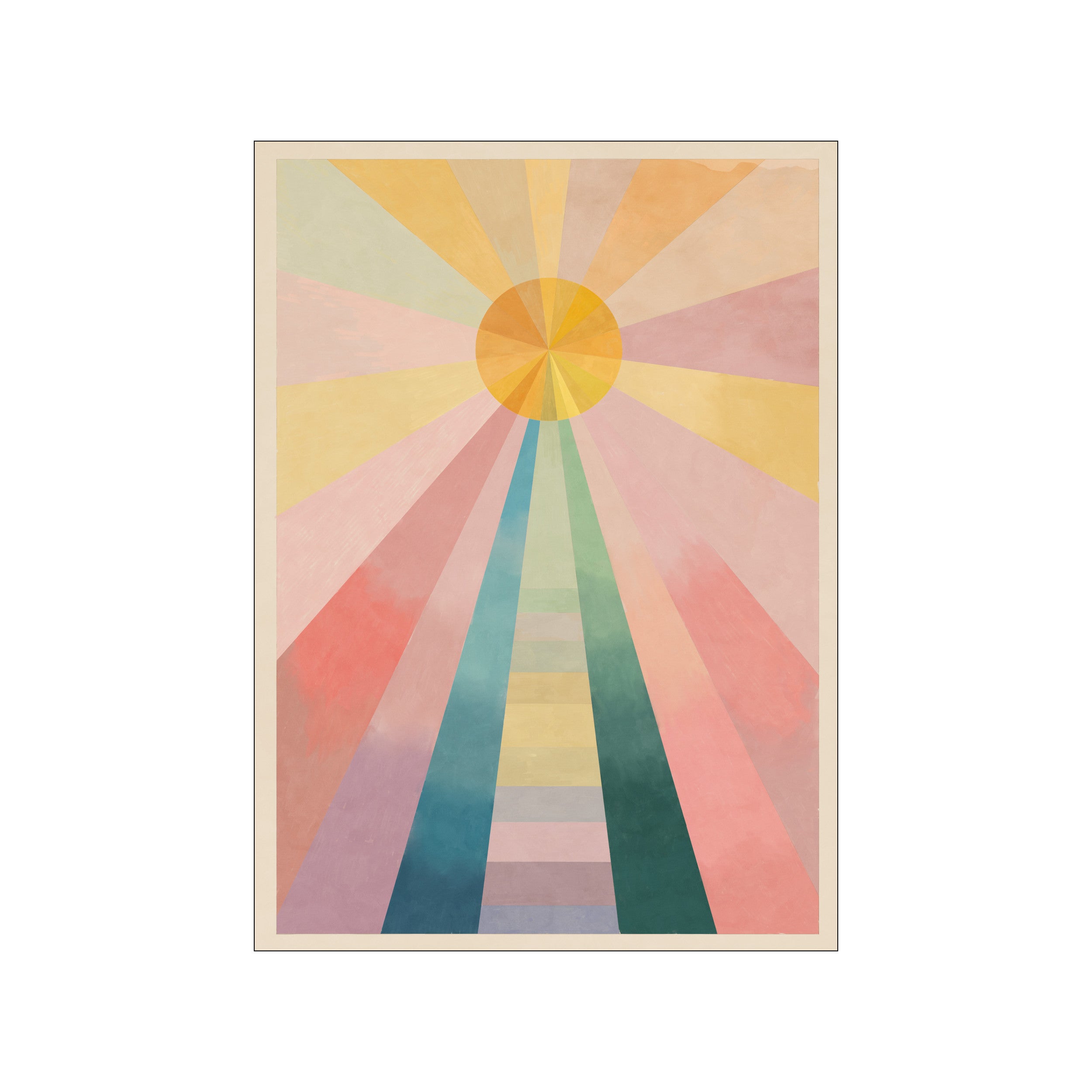 A geometric sunburst design with rays in soft pastel colors like blush pink, pale yellow, muted teal, and warm ochre, radiating from a central golden circle.