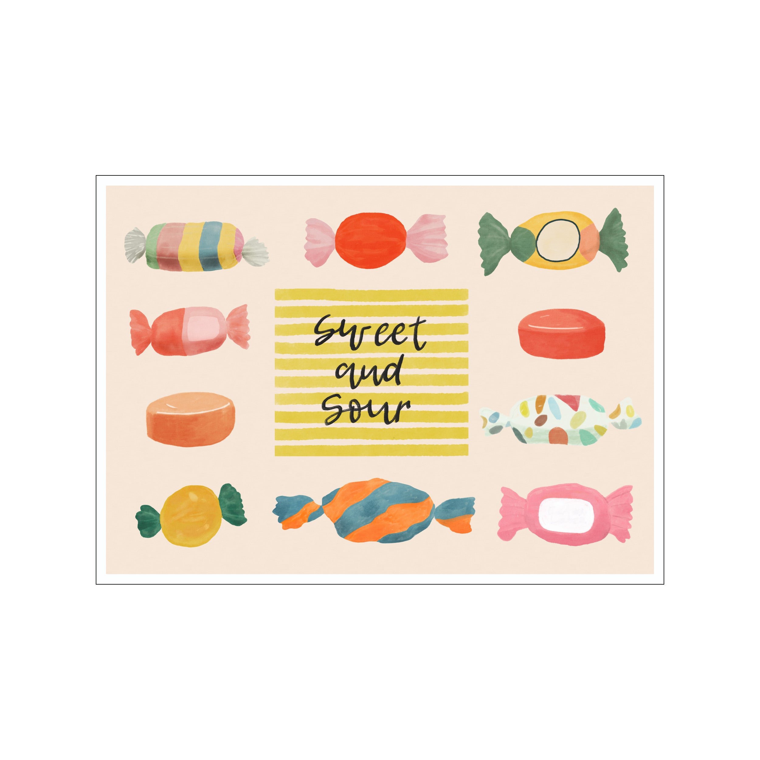 Watercolor illustration of various wrapped candies in vibrant coral, yellow, teal, and pastel tones, arranged against a creamy background with handwritten text "Sweet and Sour".