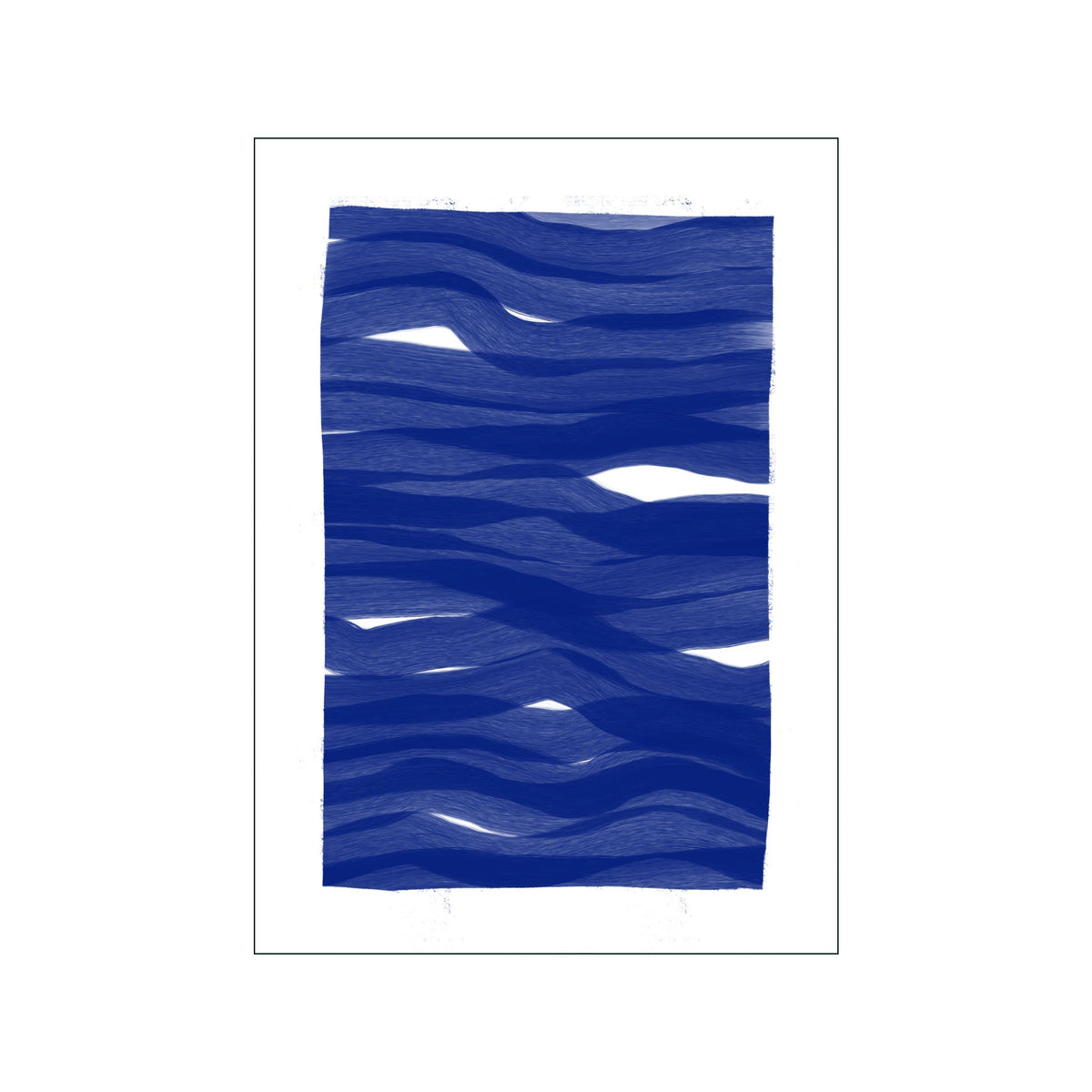 Abstract print with layered deep blue wave bands on a white background