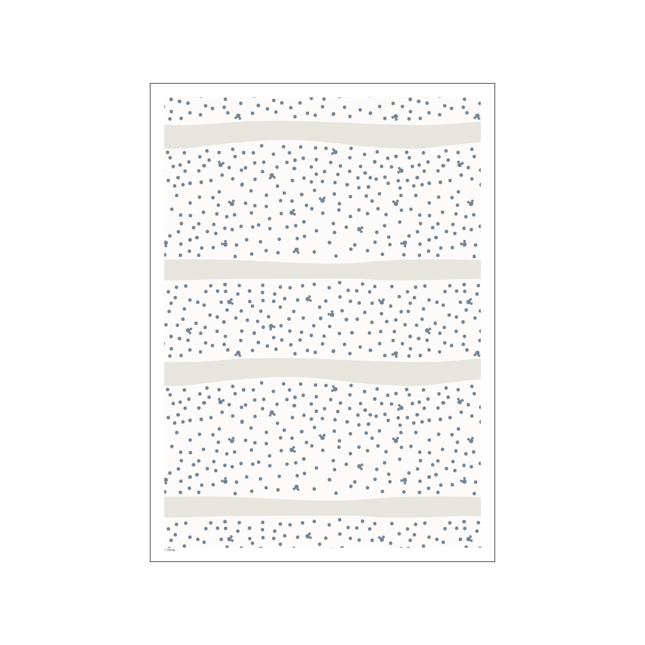 An abstract pattern featuring scattered slate-blue dots and soft taupe wavy bands on a cream background, hinting at playful, serene, and modern charm.