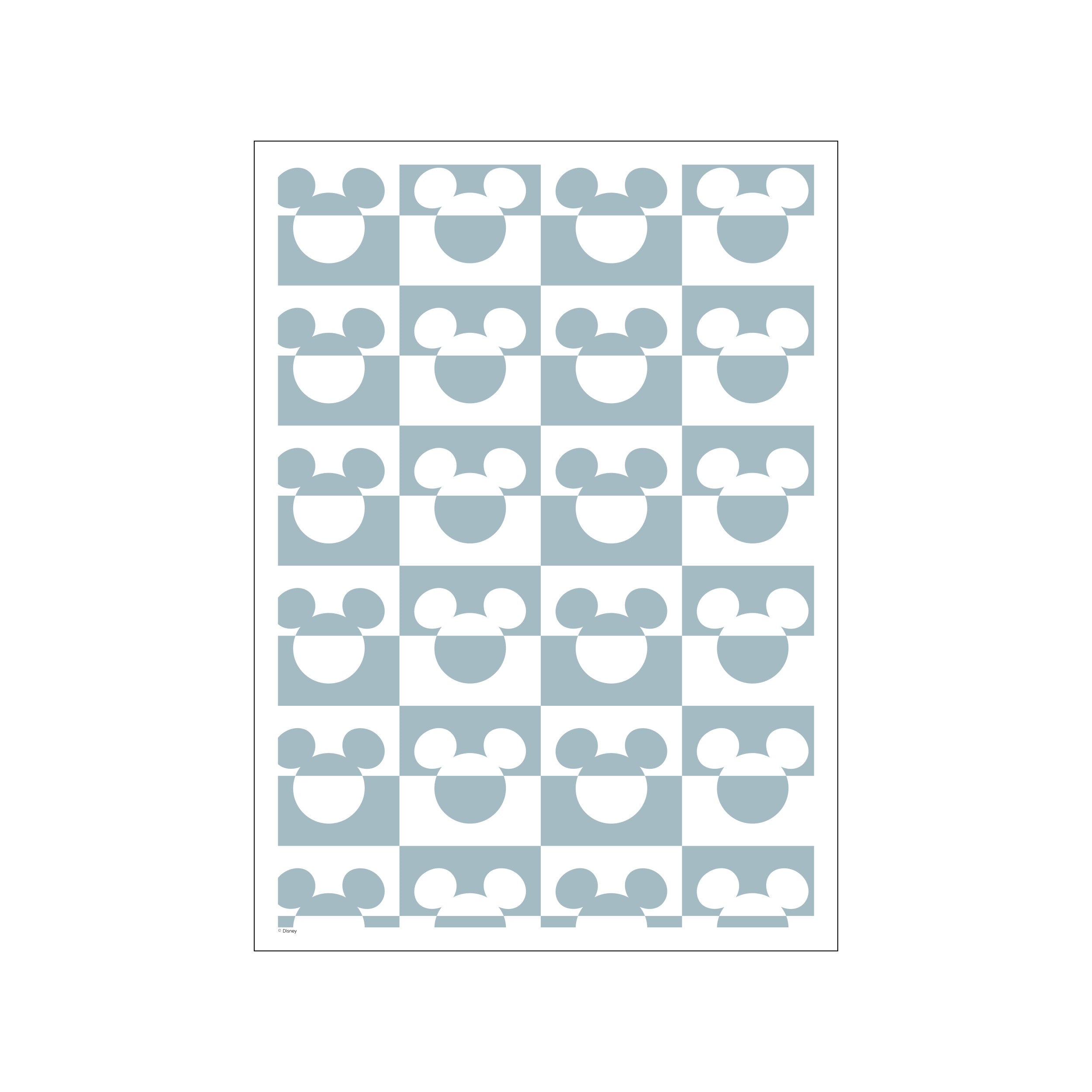 A repeating pattern of Mickey Mouse heads in white and soft blue, arranged in a checkerboard design. The artwork has a playful yet calming aesthetic, suitable for modern or coastal interiors.