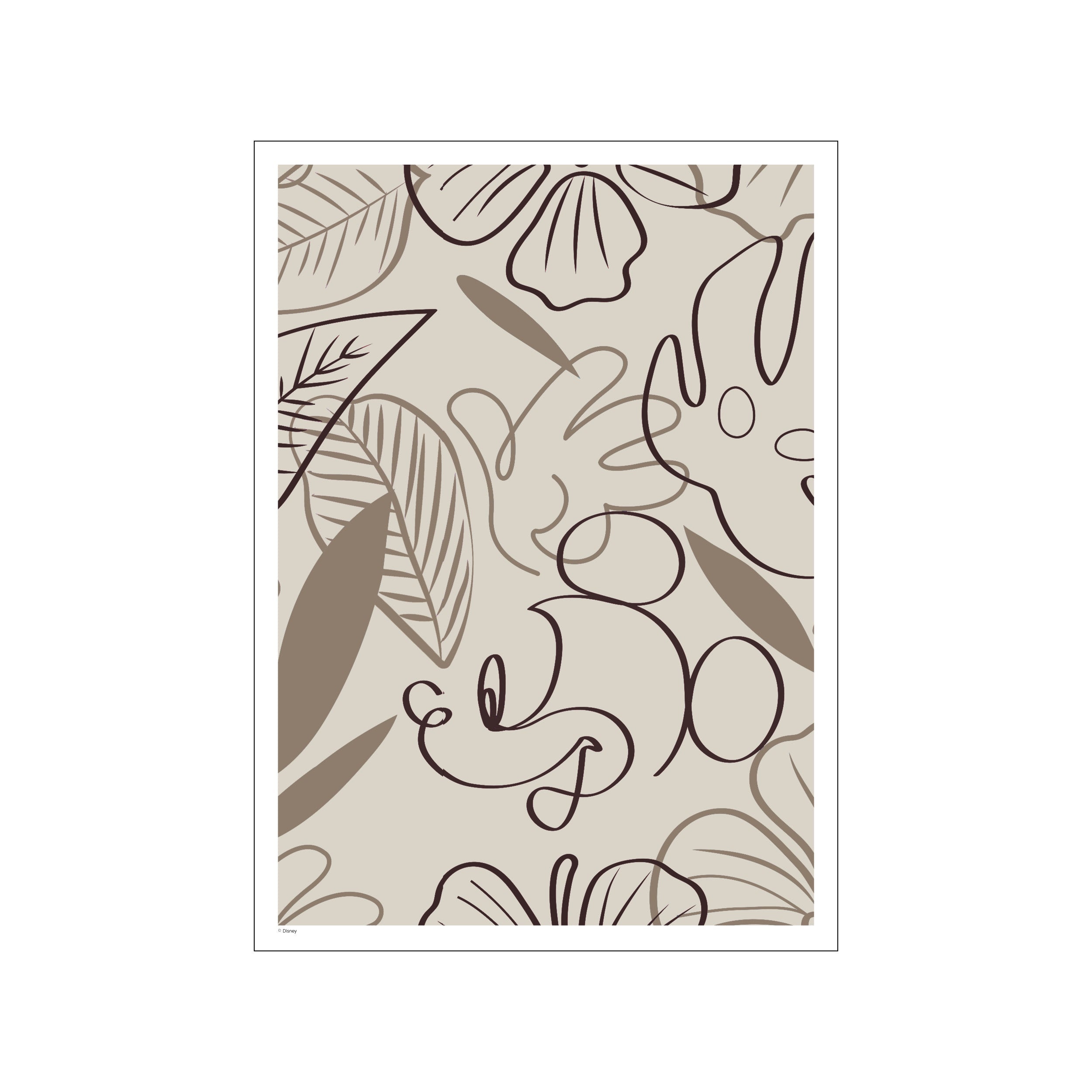 A whimsical art piece featuring outlined Mickey Mouse ears and facial features amidst abstract leaf shapes. The palette is a harmonious blend of warm taupe and rich mocha brown, creating a serene and sophisticated vibe.