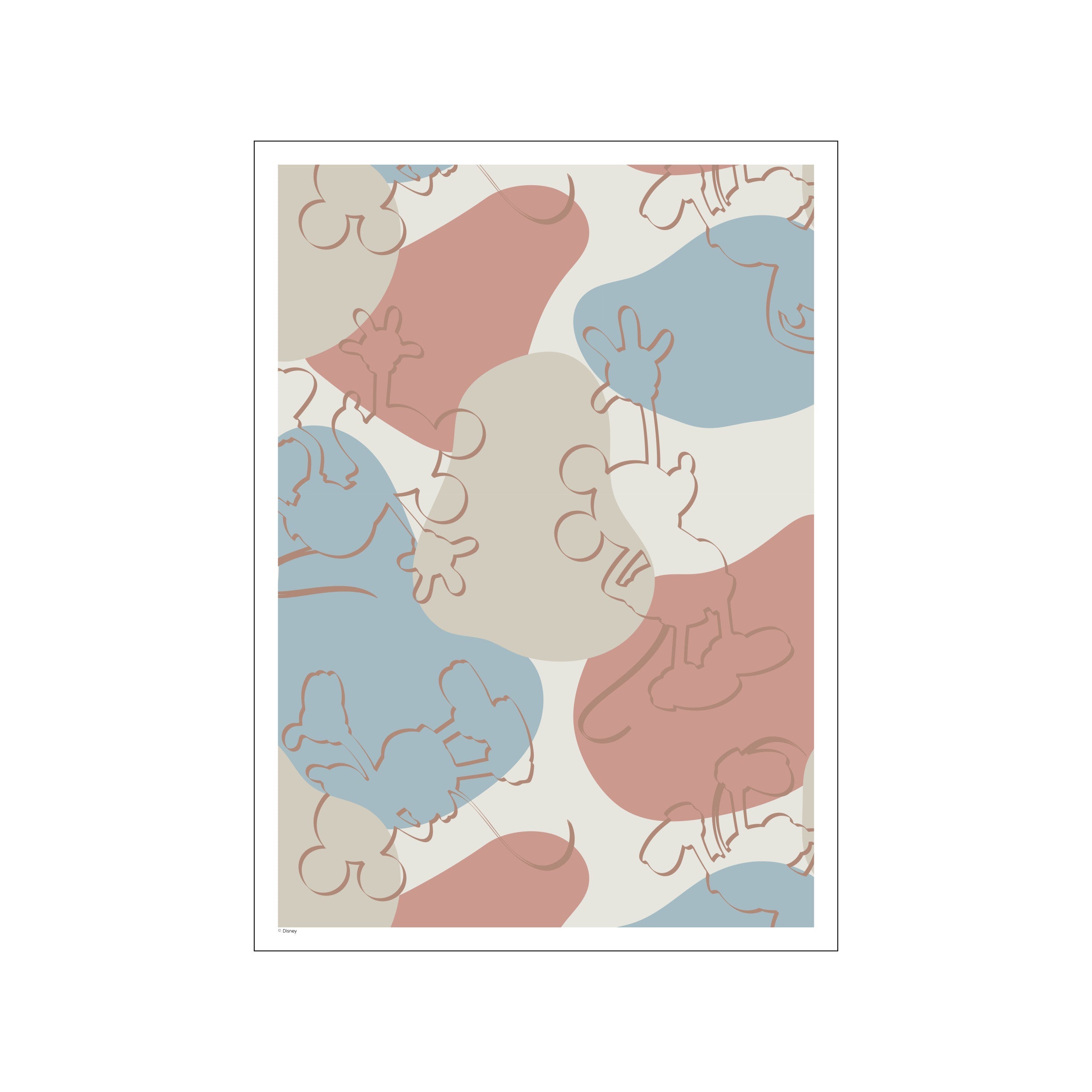 A whimsical art piece featuring the outline of Mickey Mouse's head and body in brown against a background of soft blush, sky blue, and ecru organic shapes, evoking a playful and nostalgic atmosphere.