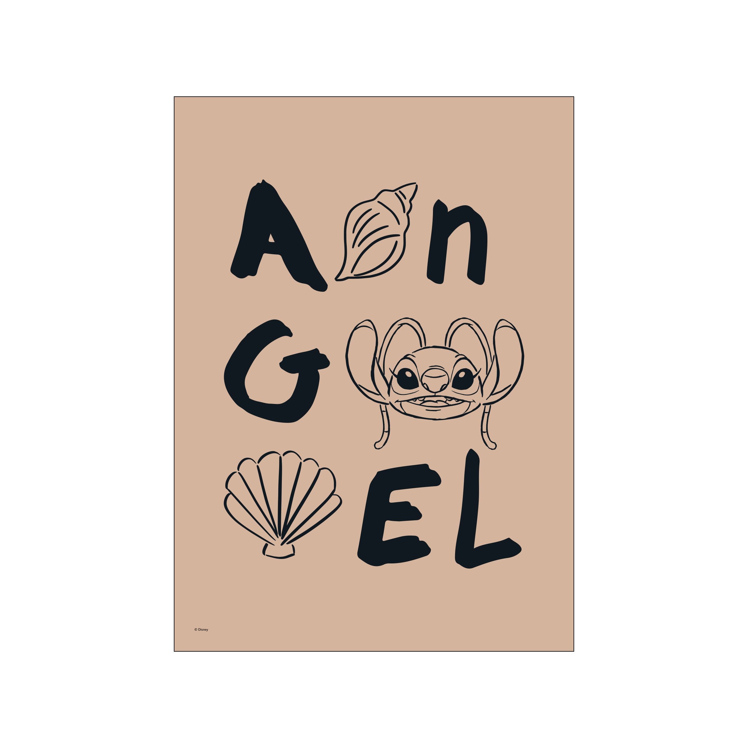 A playful art print with the name "Angel" spelled out using bold, dark letters interspersed with charming illustrations of seashells and the character Stitch, set against a warm, neutral background.