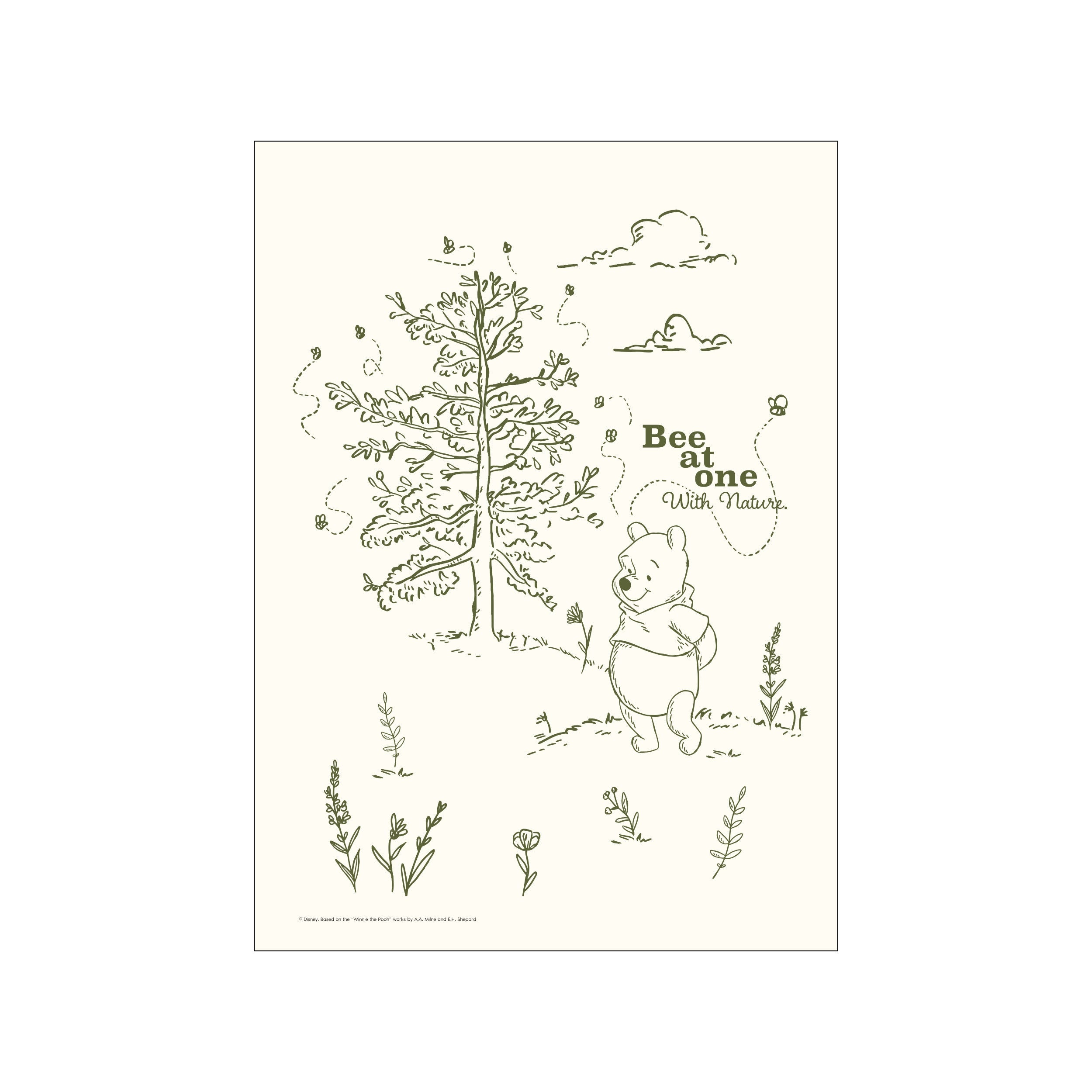 Winnie the Pooh standing in a meadow, surrounded by delicate line drawings of trees, wildflowers, and playful bees, rendered in a soft green outline on an ivory background.