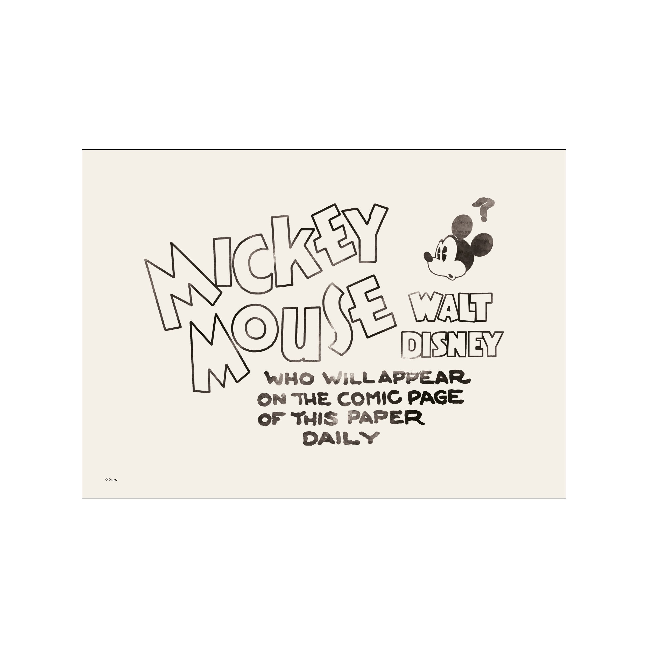 Black and white ink drawing of the words "Mickey Mouse" in bold, playful lettering, alongside an illustration of Mickey Mouse's face with a question mark above his head, on an off-white background.