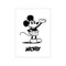 A vintage-style illustration of Mickey Mouse in bold black ink on a white background, waving with a cheerful expression. The word 'MICKEY' is printed in distressed block letters below.