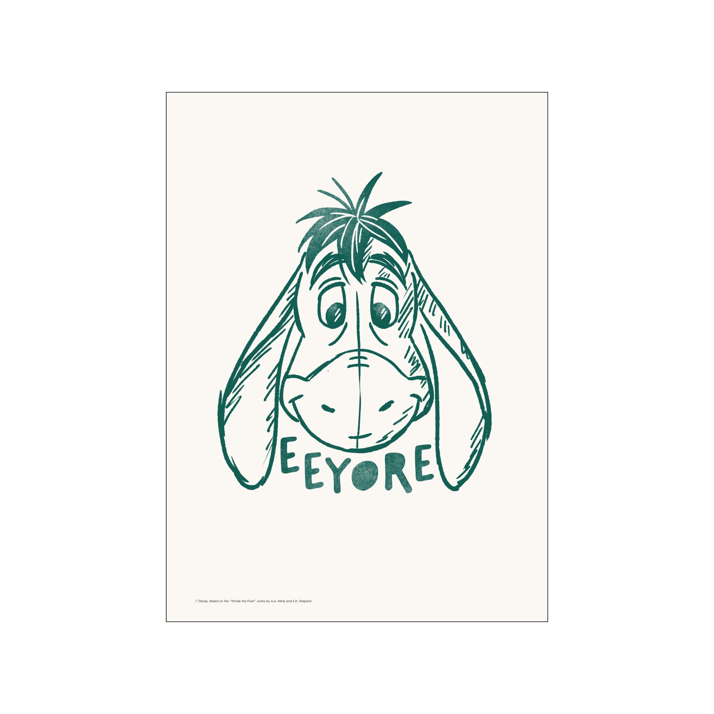 A simple, hand-drawn sketch of Eeyore's face in teal ink on a creamy background. The artwork captures his melancholic expression and features the name Eeyore below his chin.