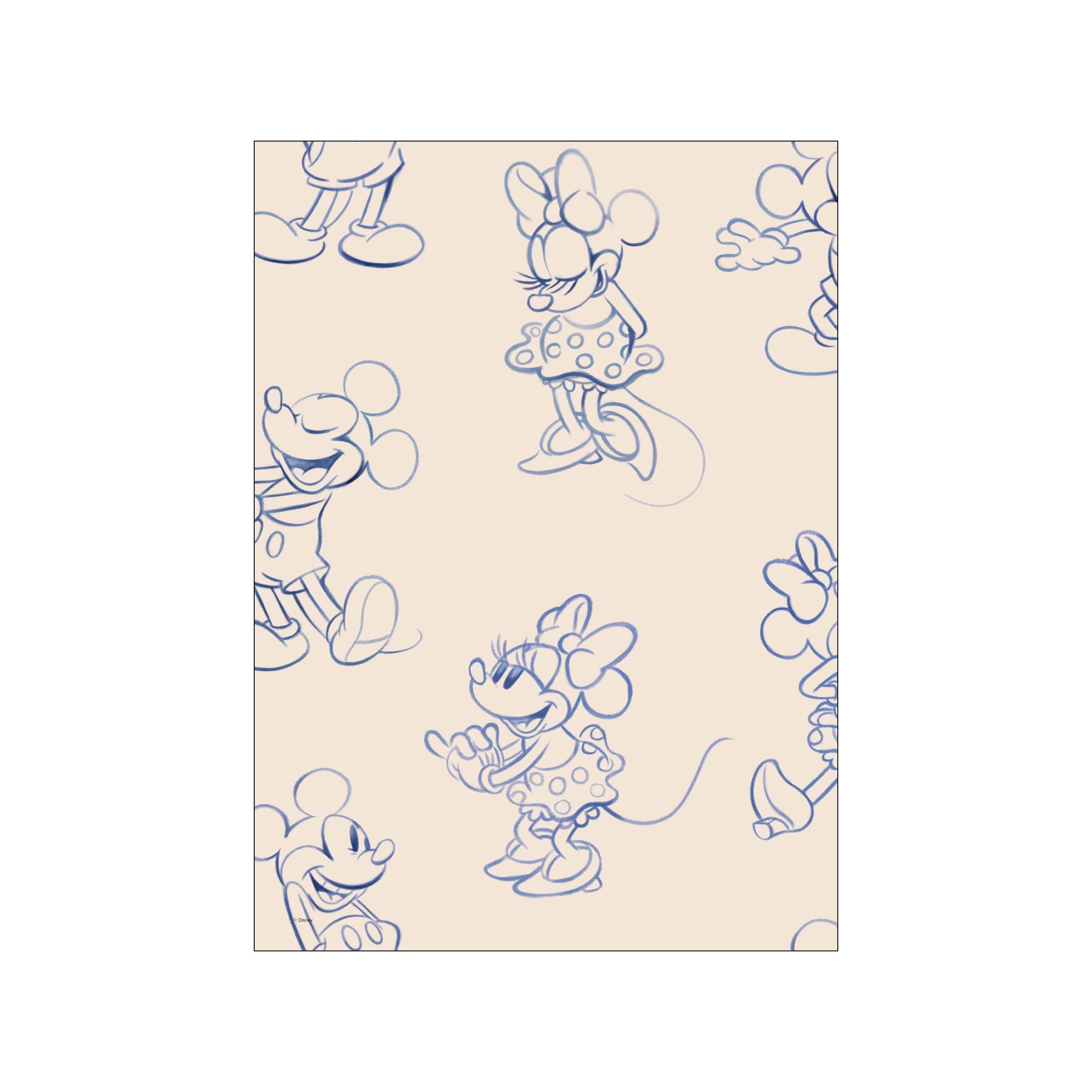 Charming blue line sketches of Mickey and Minnie in various playful poses, set against a light, creamy background, evoking a sense of vintage whimsy and joyful nostalgia.