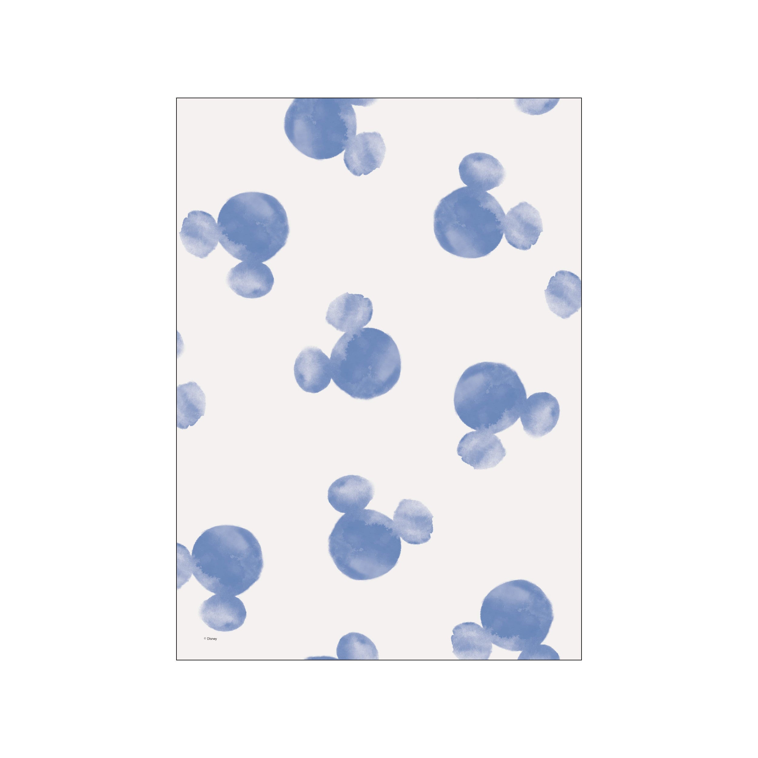 A soft cream background is adorned with scattered, abstract watercolor shapes in a dusty blue color, subtly forming Mickey Mouse silhouettes. The style is airy and whimsical.