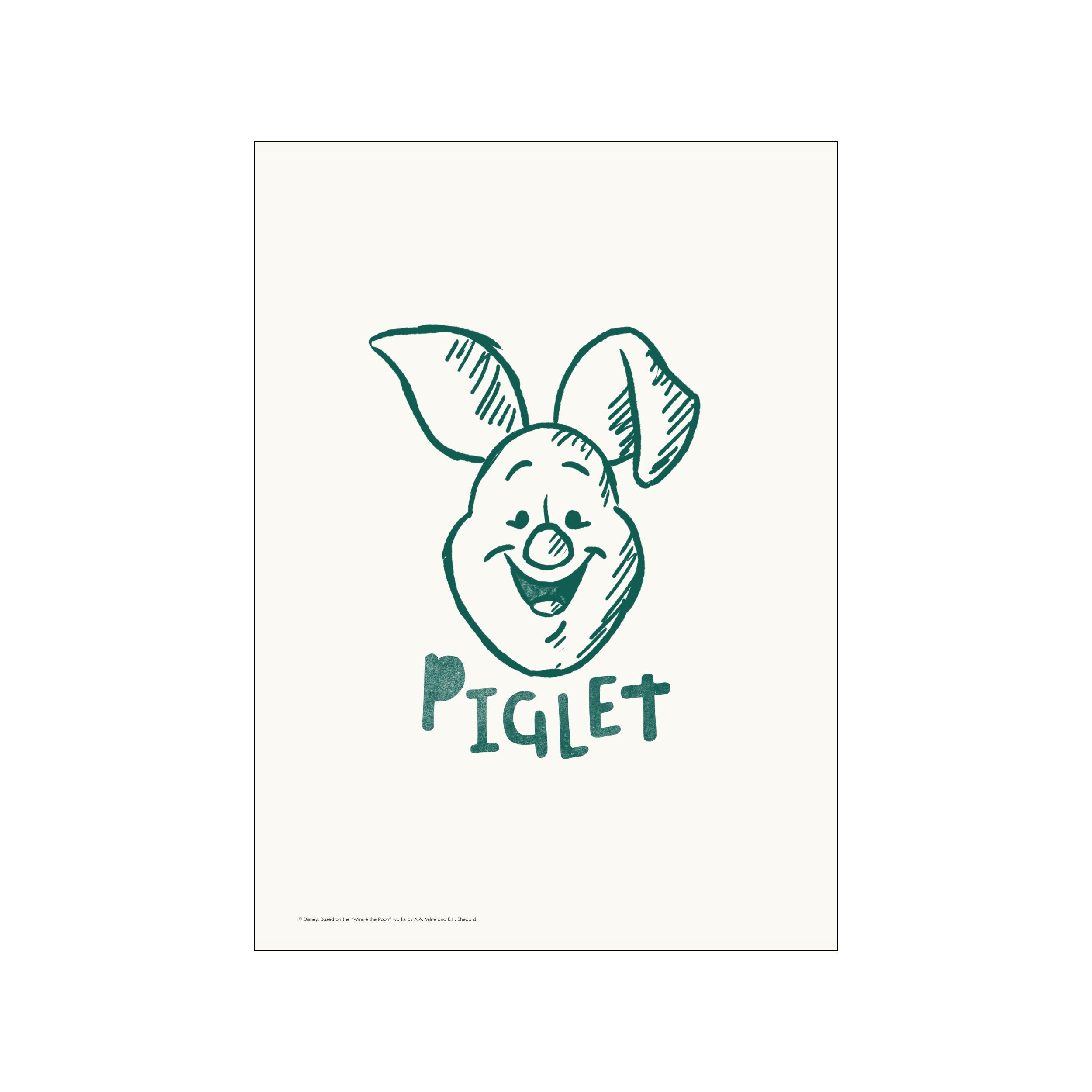 A whimsical sketch of Disney's Piglet's face and name in a soft teal color on an off-white background, evoking a feeling of sweet, gentle joy.