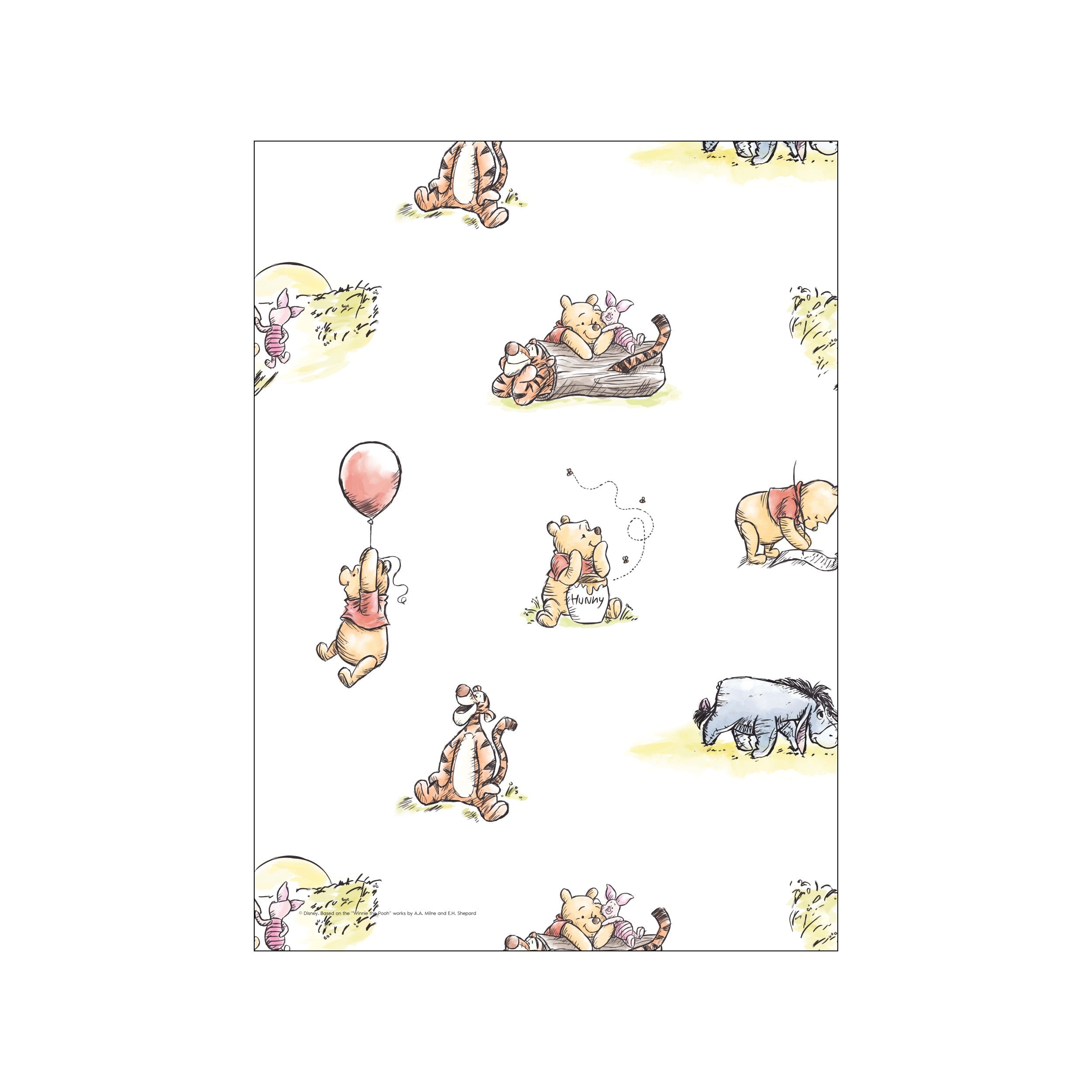 An artistic arrangement featuring Winnie the Pooh, Piglet, Tigger, and Eeyore in soft watercolor tones. The scene evokes nostalgia, wonder, and a gentle, whimsical atmosphere.