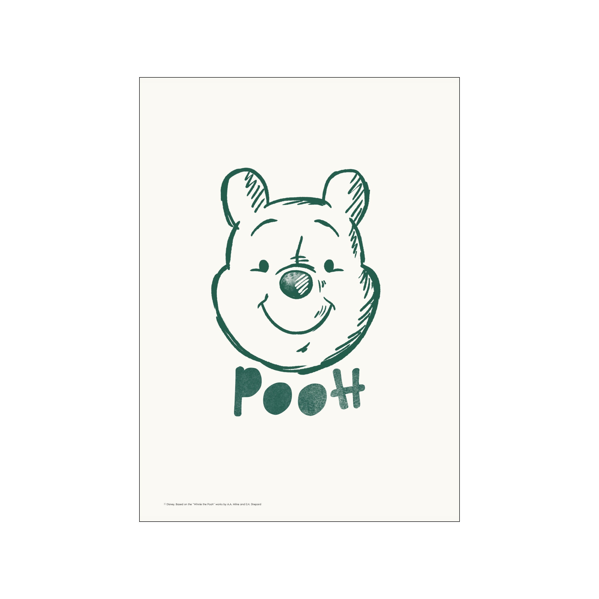 A simple, expressive line sketch of Winnie the Pooh's face in a deep green hue against a soft, off-white background, with the word 'Pooh' below.