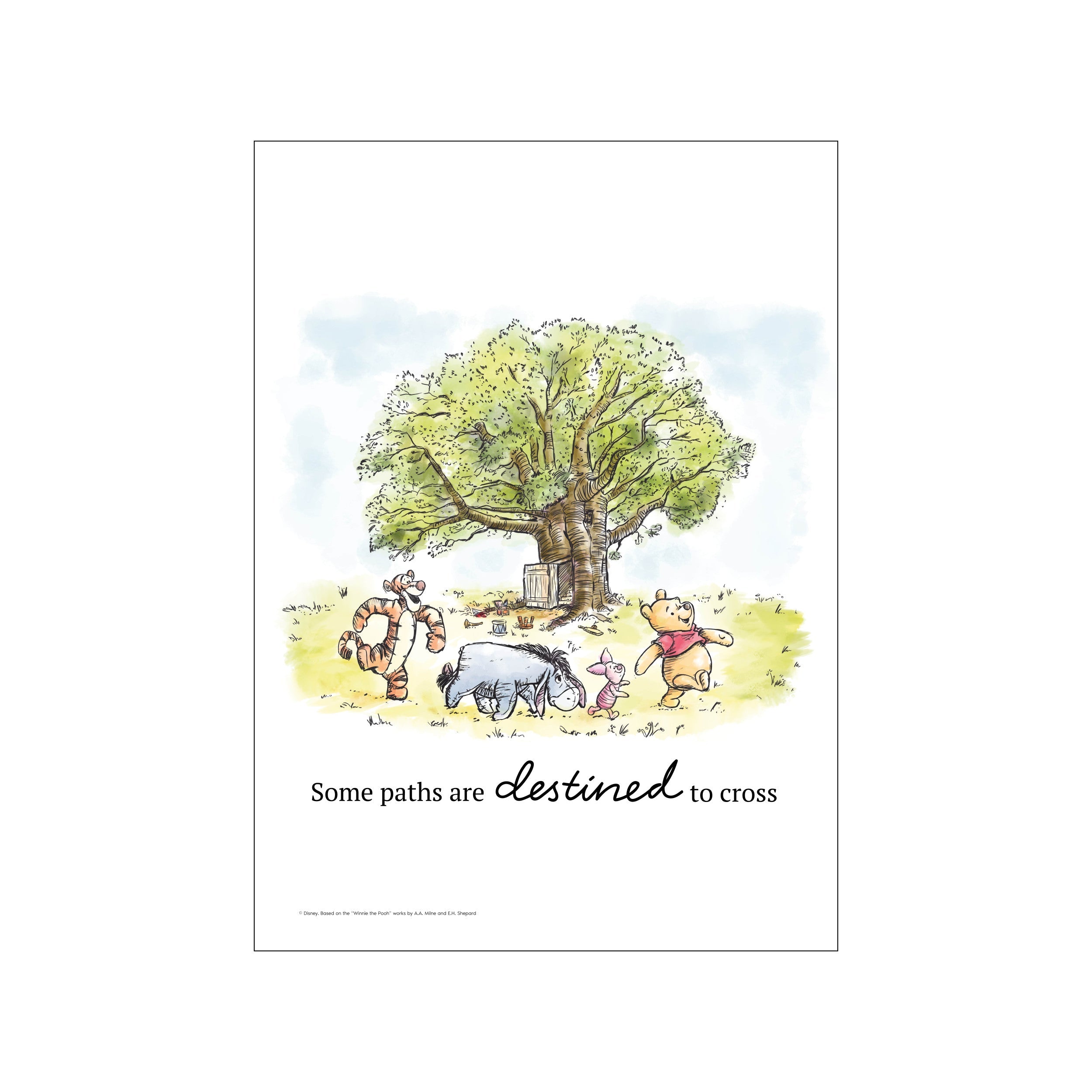 A whimsical watercolor illustration featuring Winnie the Pooh, Tigger, Eeyore, and Piglet gathered under a large, leafy tree. The scene has a soft, pastel palette of greens and blues, conveying a feeling of friendship and.
