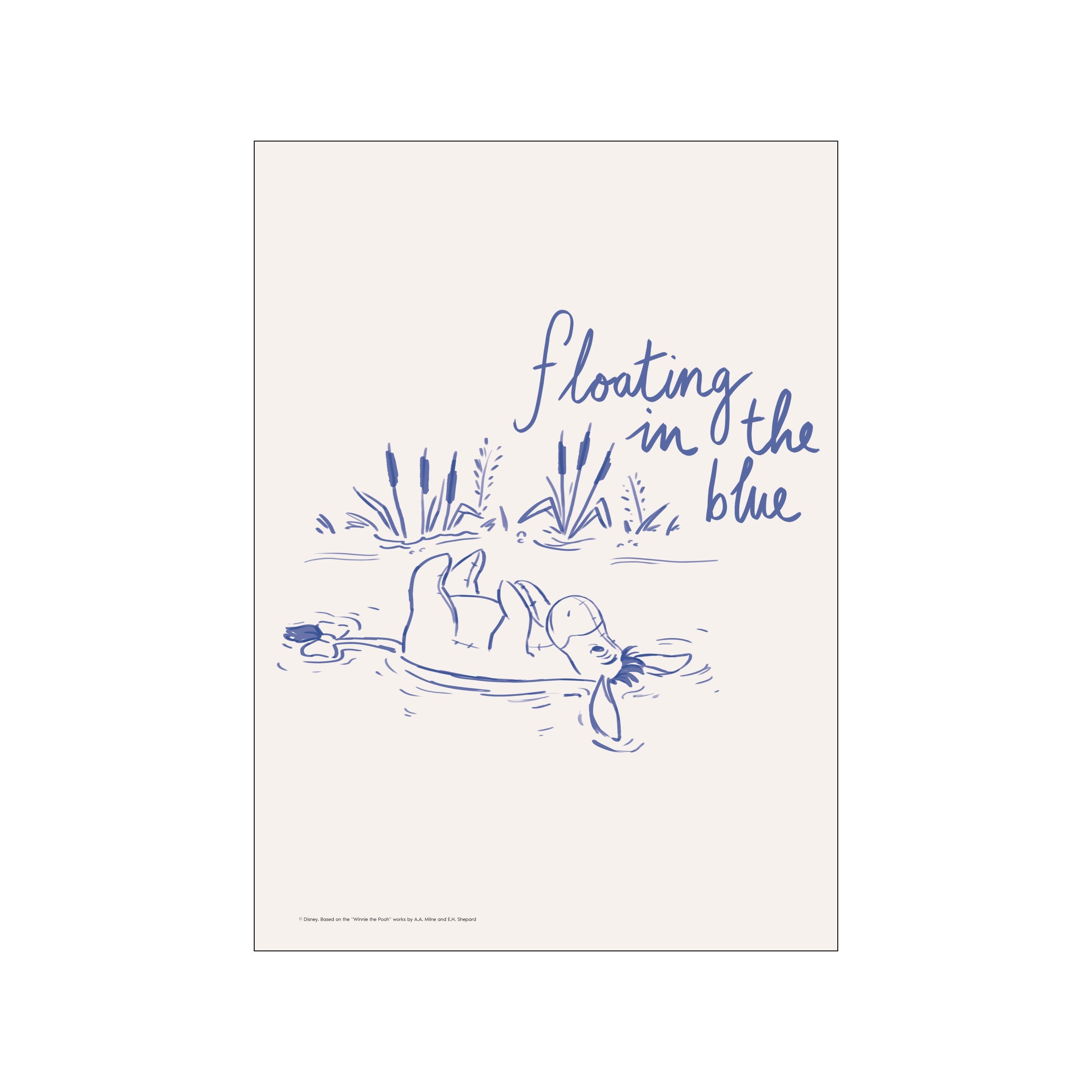 A charming sketch of Disney's Eeyore floating on his back in blue water, surrounded by reeds, with the words 'floating in the blue' written in script above.