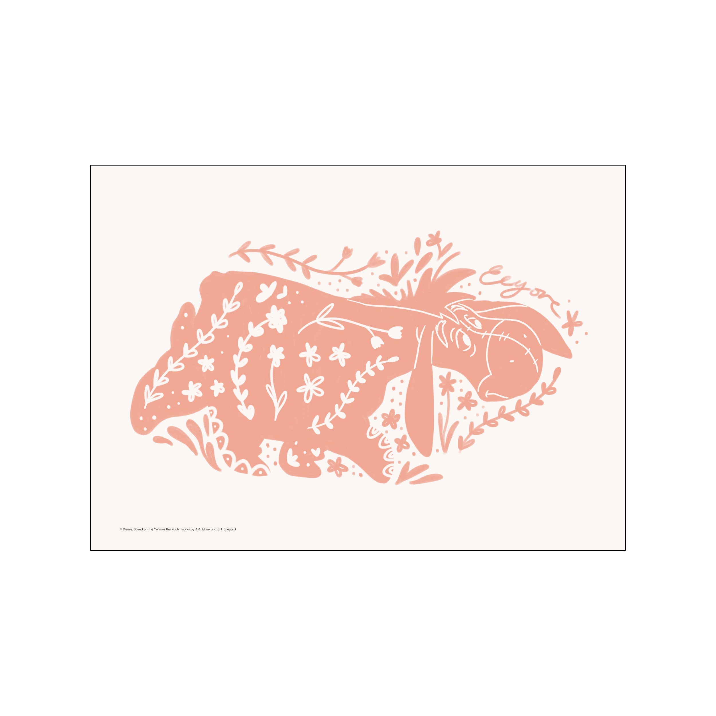 A coral silhouette of Disney's Eeyore adorned with delicate white floral and leaf patterns, set against a creamy off-white background, evoking a gentle and whimsical mood.