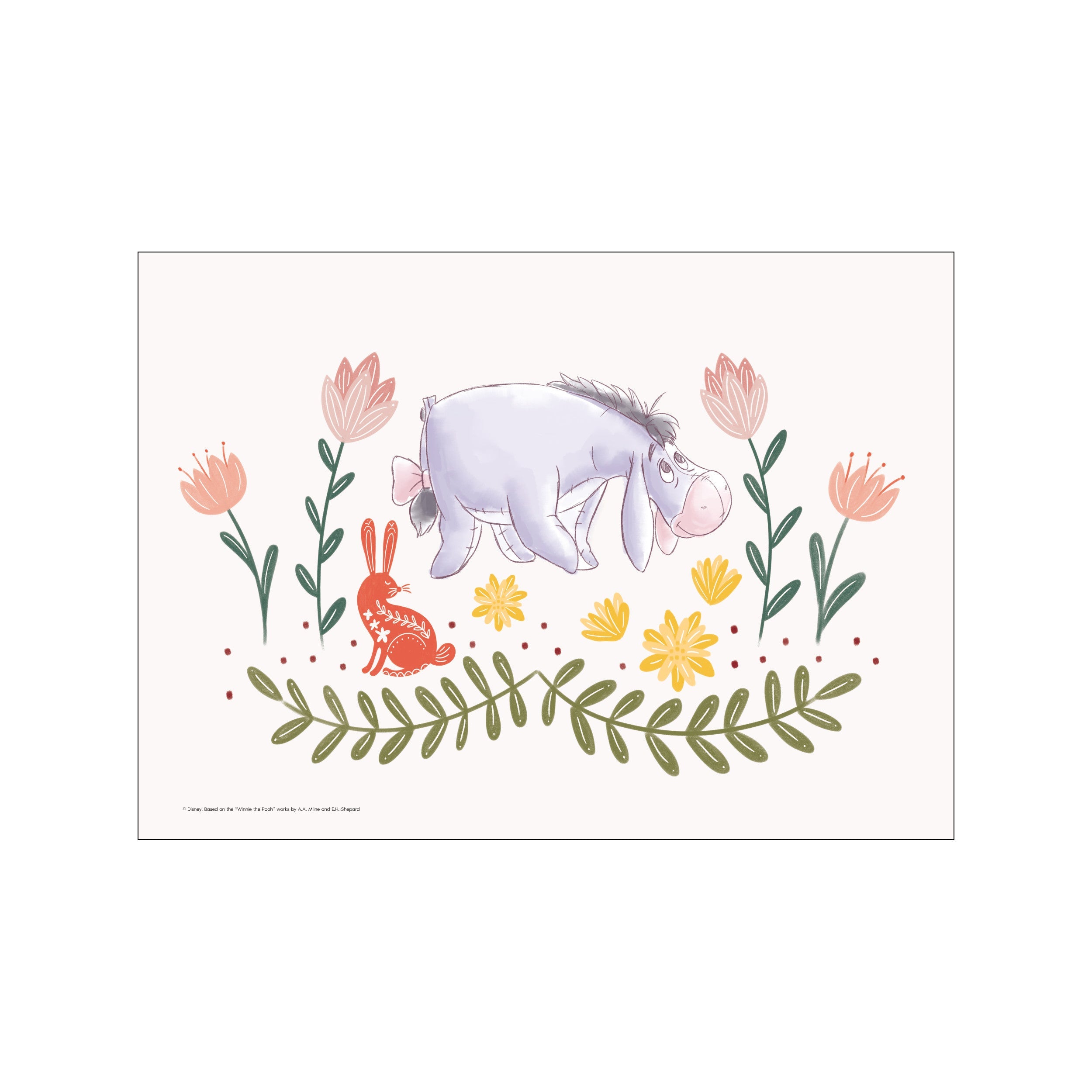 A watercolor depiction of Disney's Eeyore resting peacefully in a garden filled with soft pink and coral flowers, yellow accents, and green leaves. A whimsical folk-art rabbit sits nearby.
