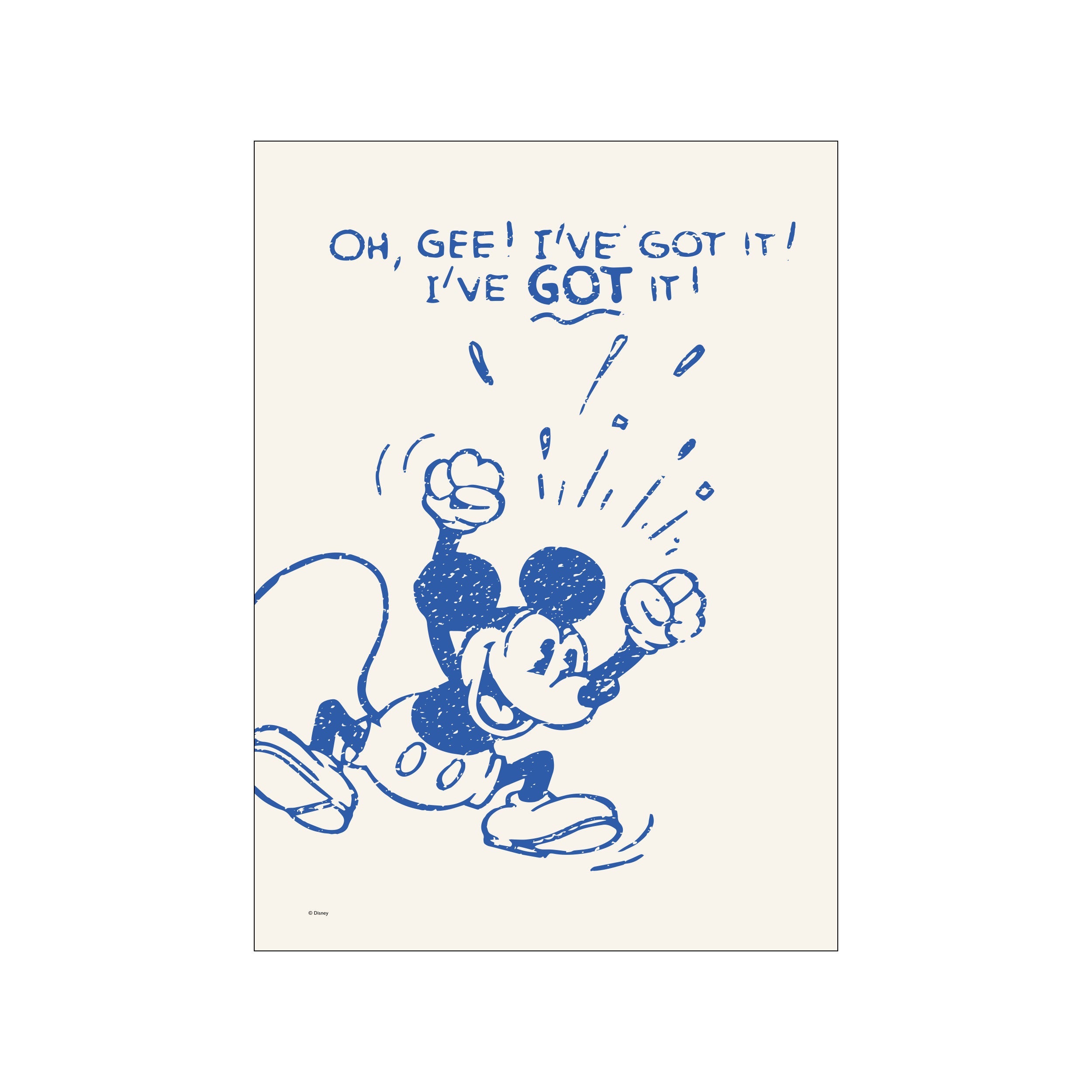 A whimsical illustration of an excited Mickey Mouse in bold blue crayon strokes against a creamy off-white background, celebrating a moment of pure glee and discovery.