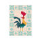 A charming cartoon rooster with wide eyes stands centered within a decorative border of teal hibiscus flowers and geometric patterns, evoking a playful tropical island paradise.