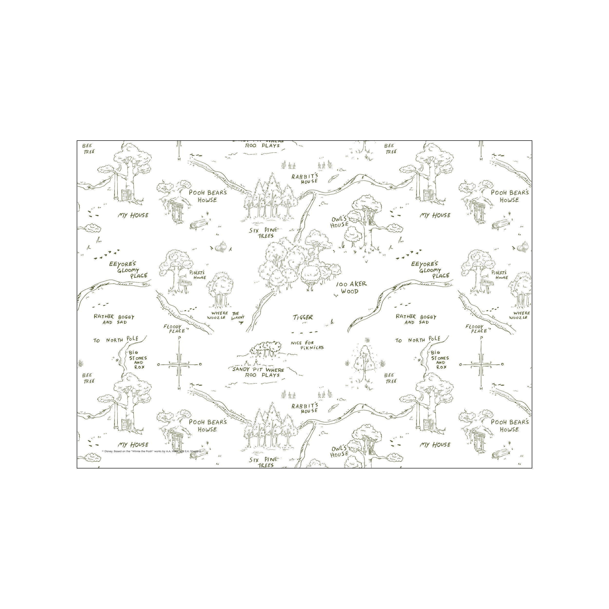 A whimsical, hand-drawn map of the Hundred Acre Wood from Disney, showing locations like Pooh Bear's House, Piglet's House, and Eeyore's Gloomy Place, rendered in a soft, vintage-inspired line art style.