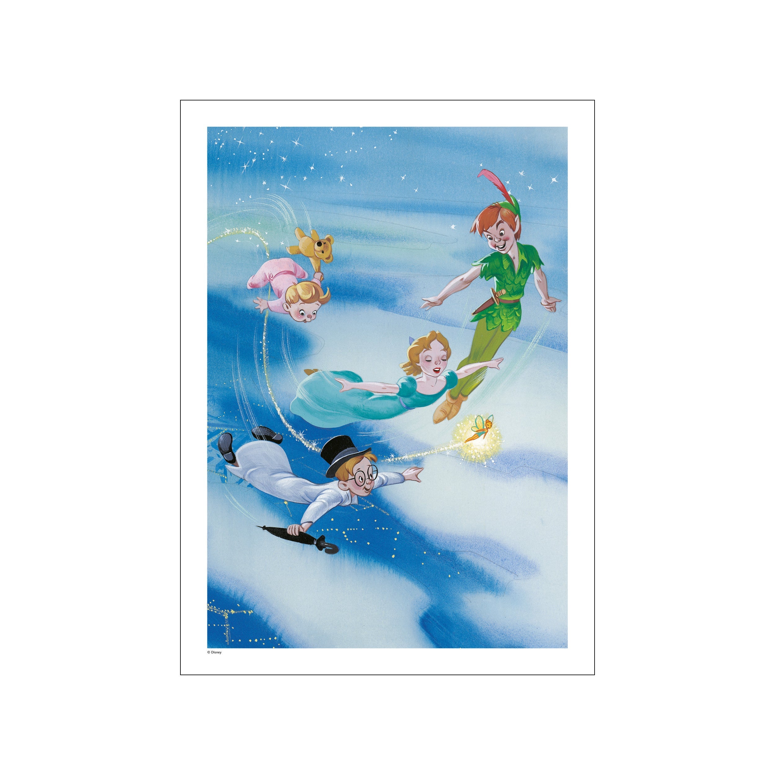 Peter Pan, Wendy Darling, Michael Darling, and Tinkerbell flying through a soft blue and white sky filled with stars and sparkling dust. Captures a whimsical, magical, and adventurous spirit.