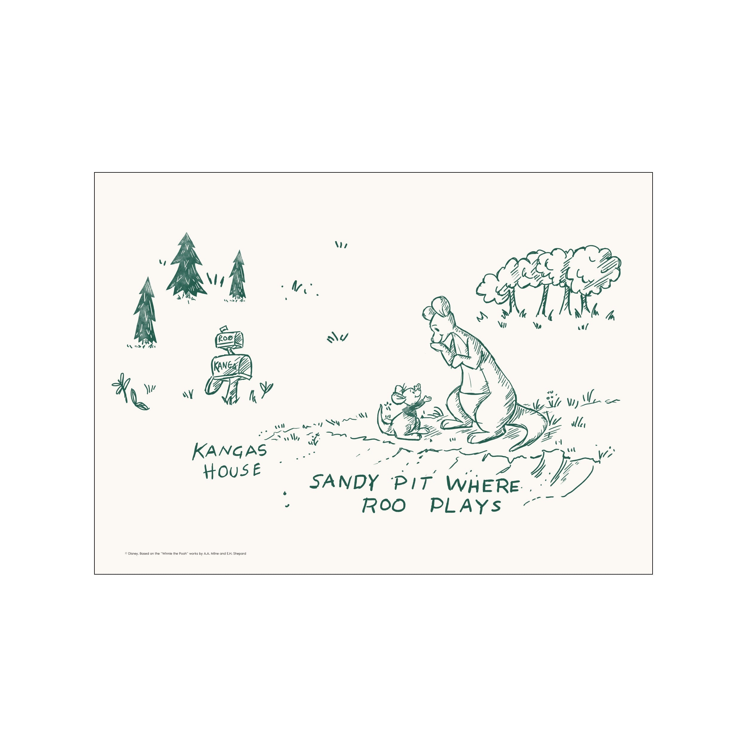 A whimsical illustration in soft green ink on a cream background depicts Kanga and Roo in a sandy pit, surrounded by trees and playful markings, evoking a sense of childhood innocence and gentle adventure.