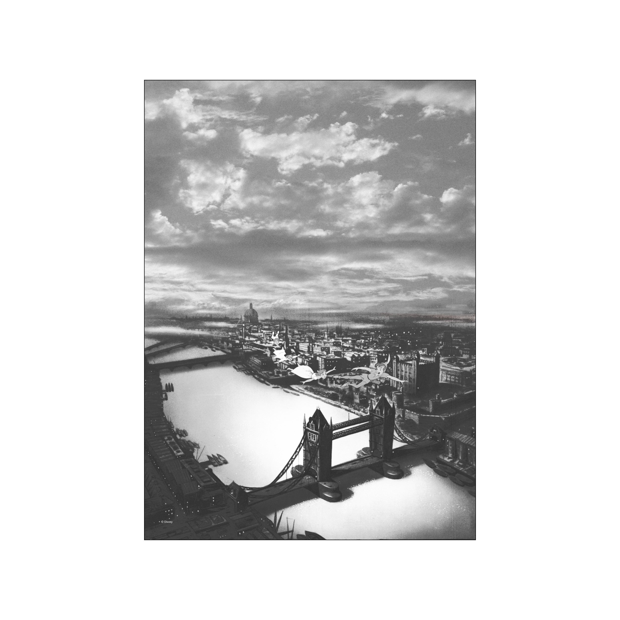 A high-angle monochrome depiction of Peter Pan and the Darling children flying over the River Thames and Tower Bridge towards the London skyline under a dramatic, cloudy sky.
