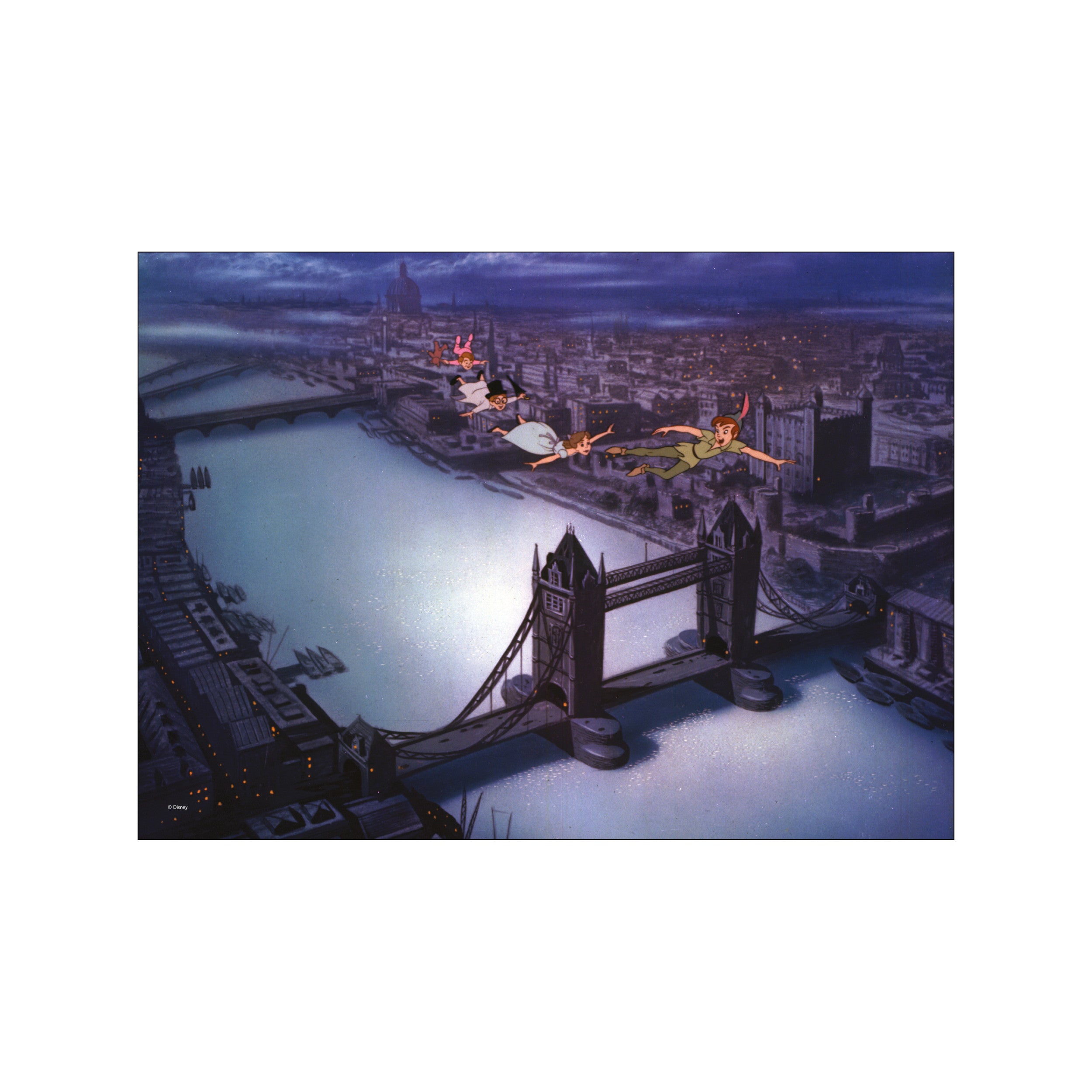 A scene of characters from Peter Pan flying over the River Thames and the Tower Bridge in London at night, under a starry, deep blue sky with city lights twinkling below.