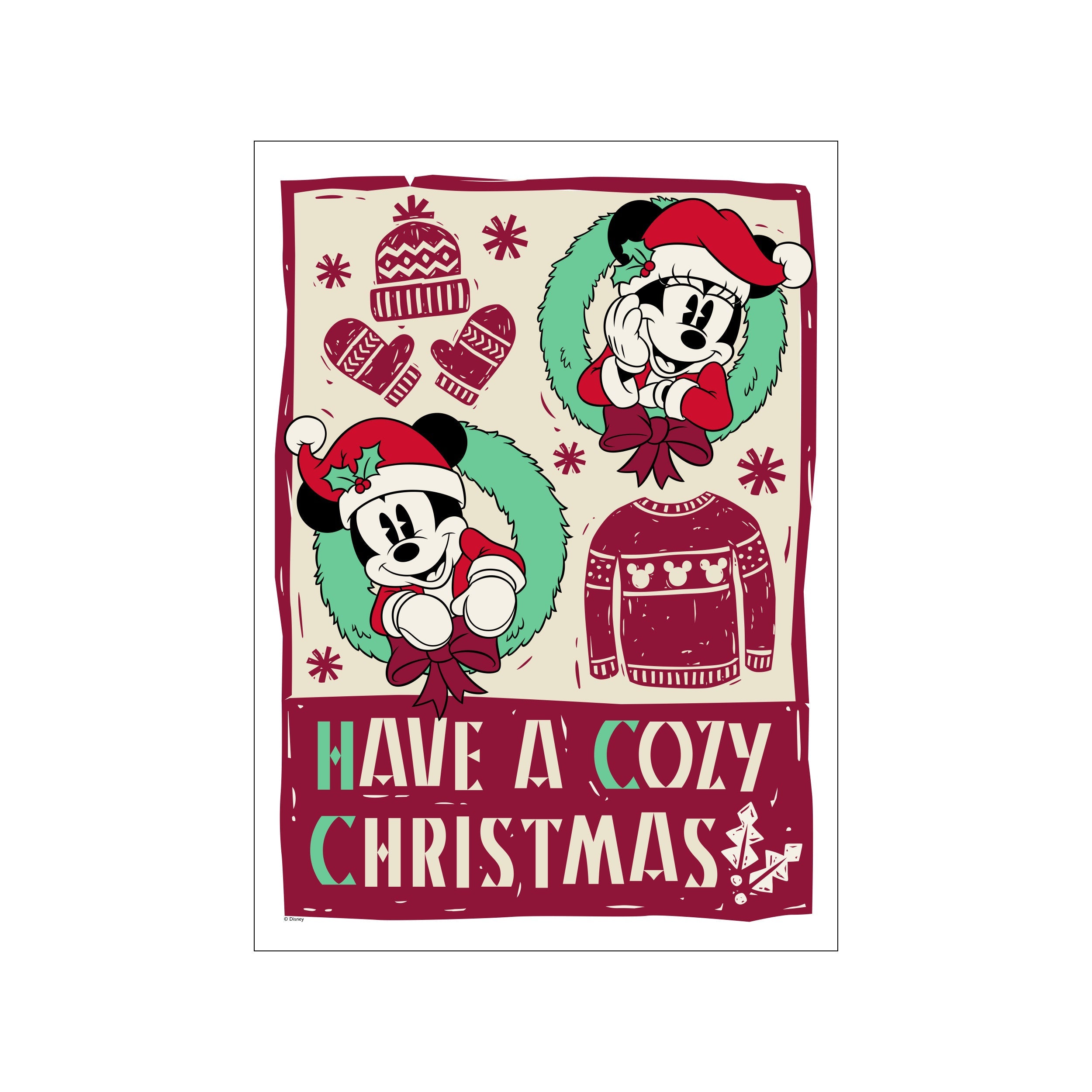 Mickey and Minnie Mouse depicted in a whimsical, retro Christmas illustration. Festive elements like Santa hats, mittens, and a cozy sweater are surrounded by playful snowflakes and a garland. The color palette features deep red.