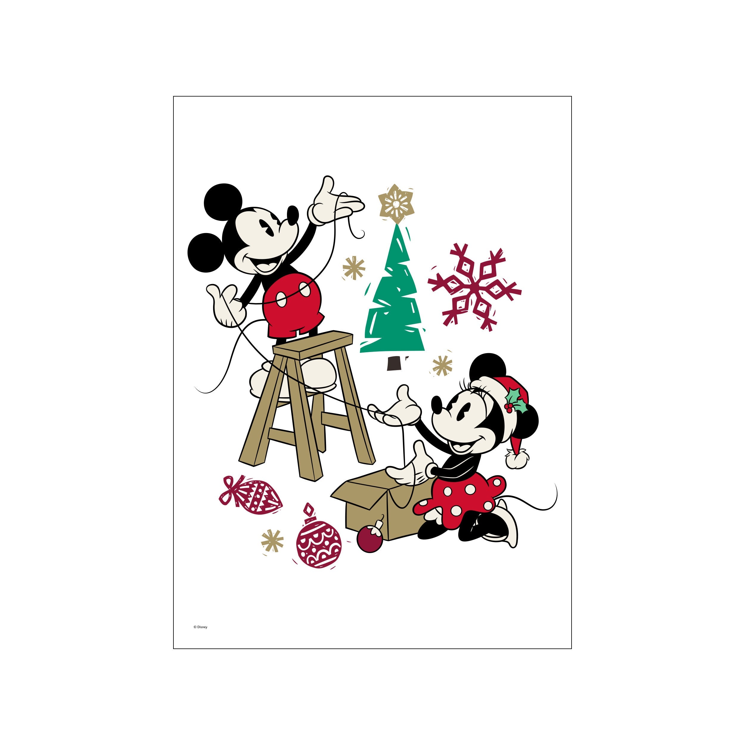 Mickey and Minnie Mouse dressed in holiday attire, playfully decorating a Christmas tree with ornaments and a star, set against a white background with festive red and gold accents.