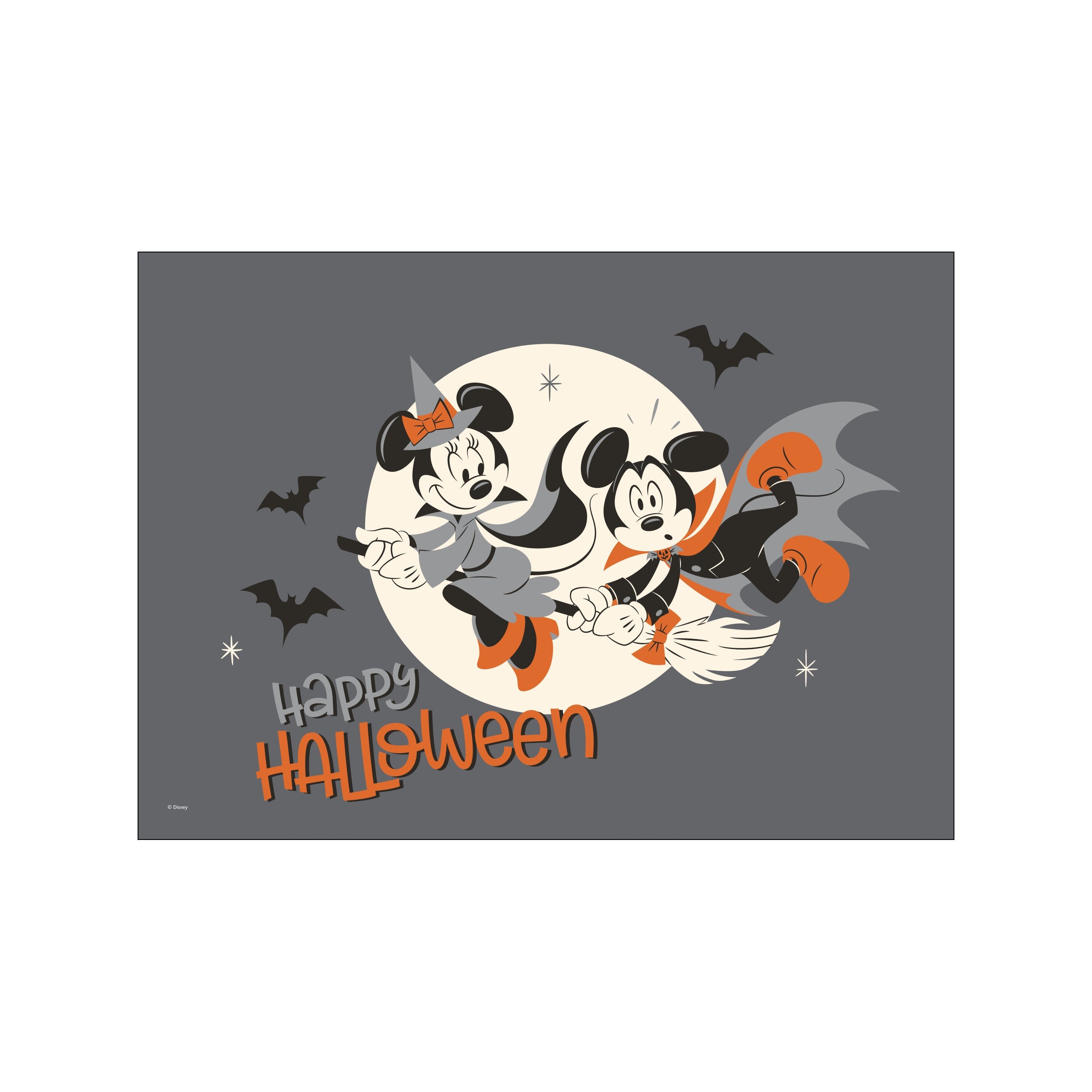 Mickey and Minnie Mouse dressed in Halloween costumes, riding a broomstick across a pale moon against a dark grey sky with bats, in a retro, whimsical style.