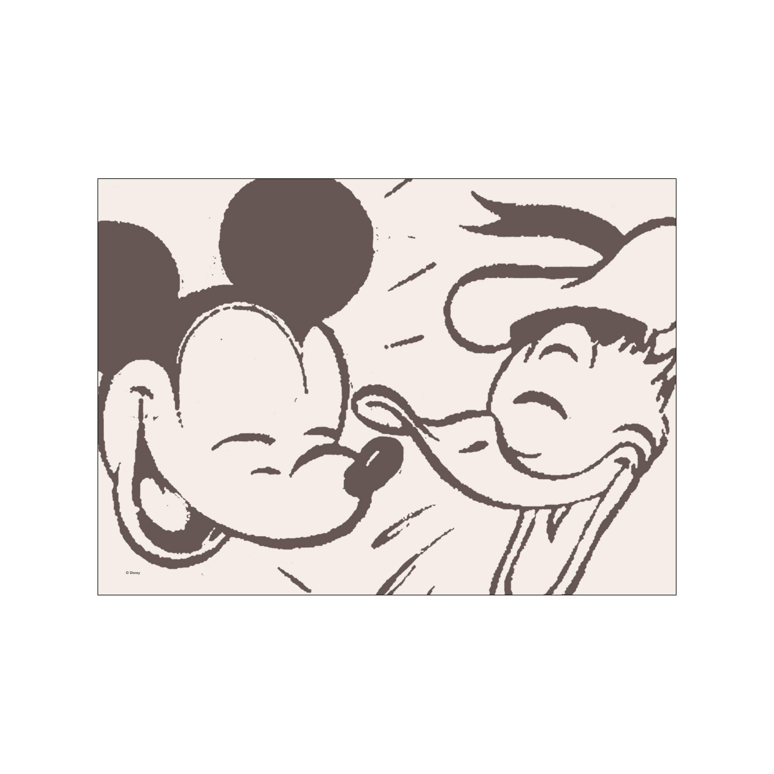 A close-up illustration of Mickey Mouse and Donald Duck laughing together, depicted in a sepia-toned, sketchy style against a light cream background, exuding warmth and playful nostalgia.