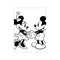 A black and white line drawing of Mickey and Minnie Mouse holding hands and smiling at each other, with Minnie wearing a polka dot dress and a flower in her hair. It evokes joy and.
