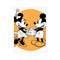 Mickey and Minnie Mouse holding hands, rendered in black and white with bold outlines against a warm, sunny ochre circle. The image conveys a feeling of sweet romance and classic charm.