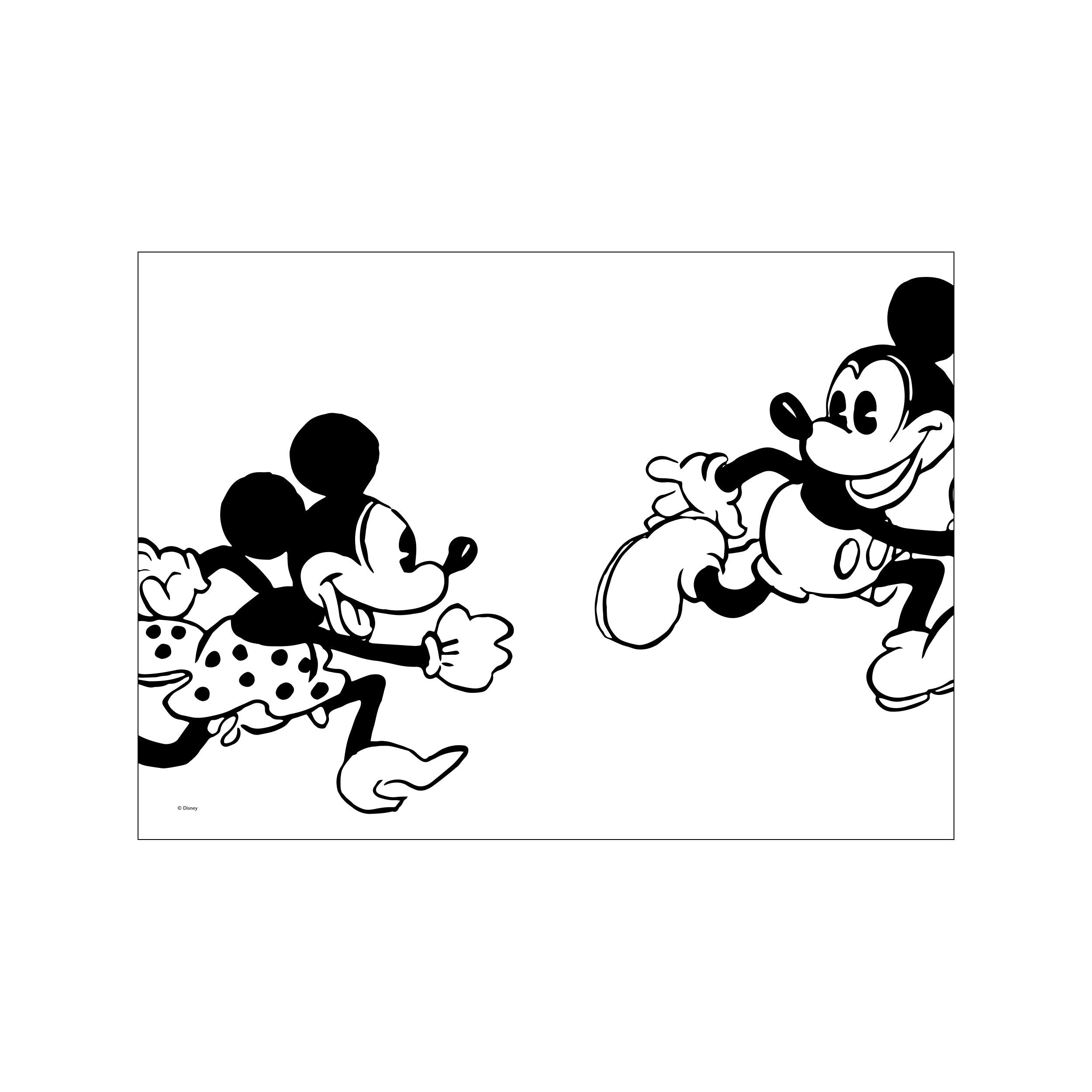 A black and white illustration of Mickey Mouse and Minnie Mouse in a playful chase. Minnie, wearing a polka-dot dress, runs forward while Mickey, with a wide smile, follows behind, bringing a sense of retro.