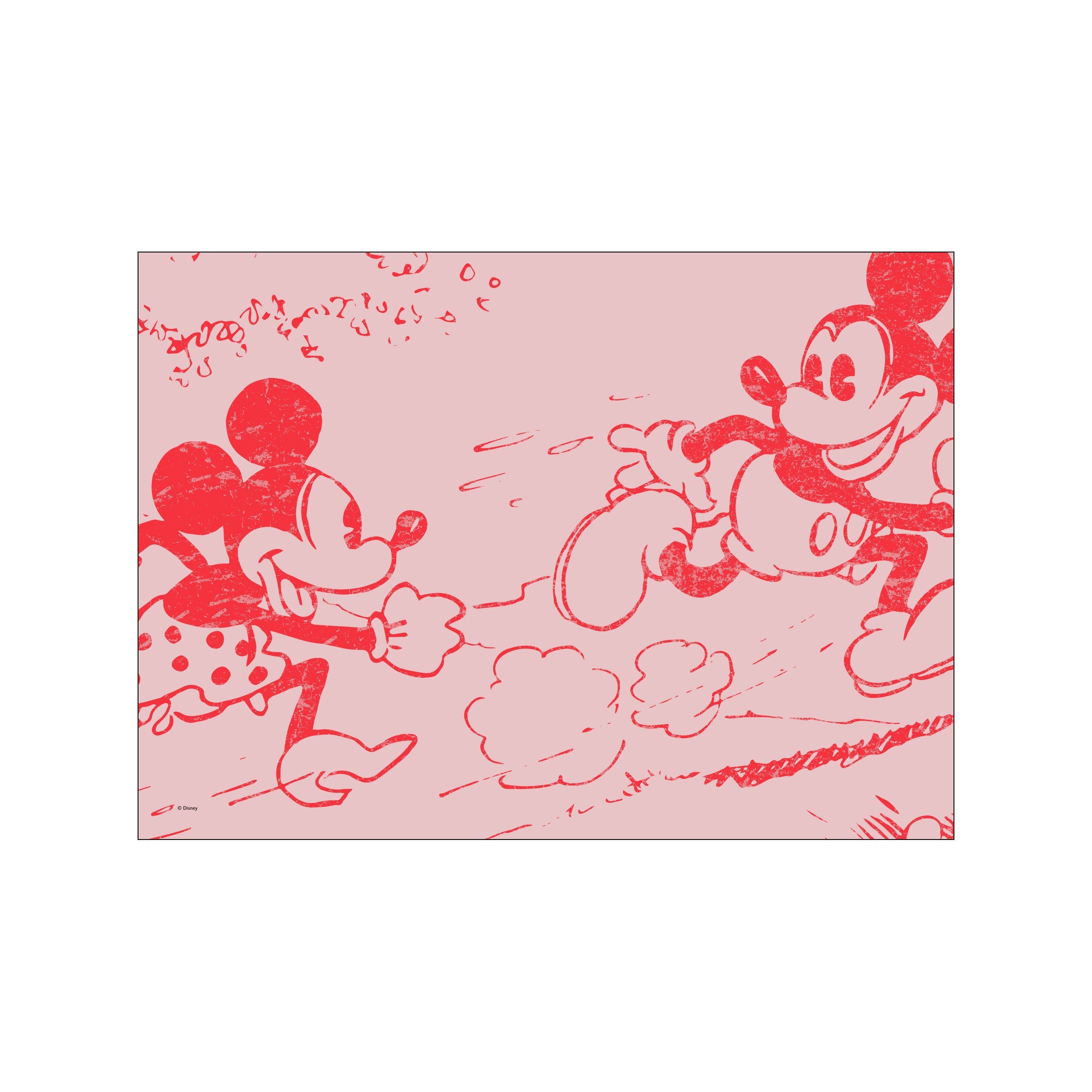 Mickey and Minnie Mouse depicted in vibrant red linework with a textured, dusty rose background, conveying a sense of joyful movement and spirited adventure.