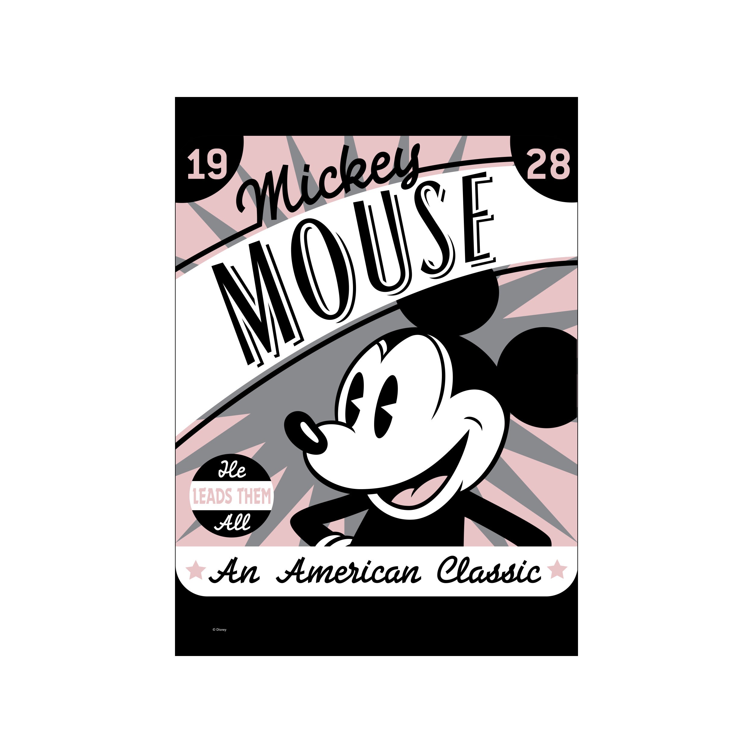 A stylized graphic depiction of Mickey Mouse in black and white, with the words 'Mickey Mouse' in a flowing script and 'An American Classic' below. The background features radiating lines in soft pink and grey.