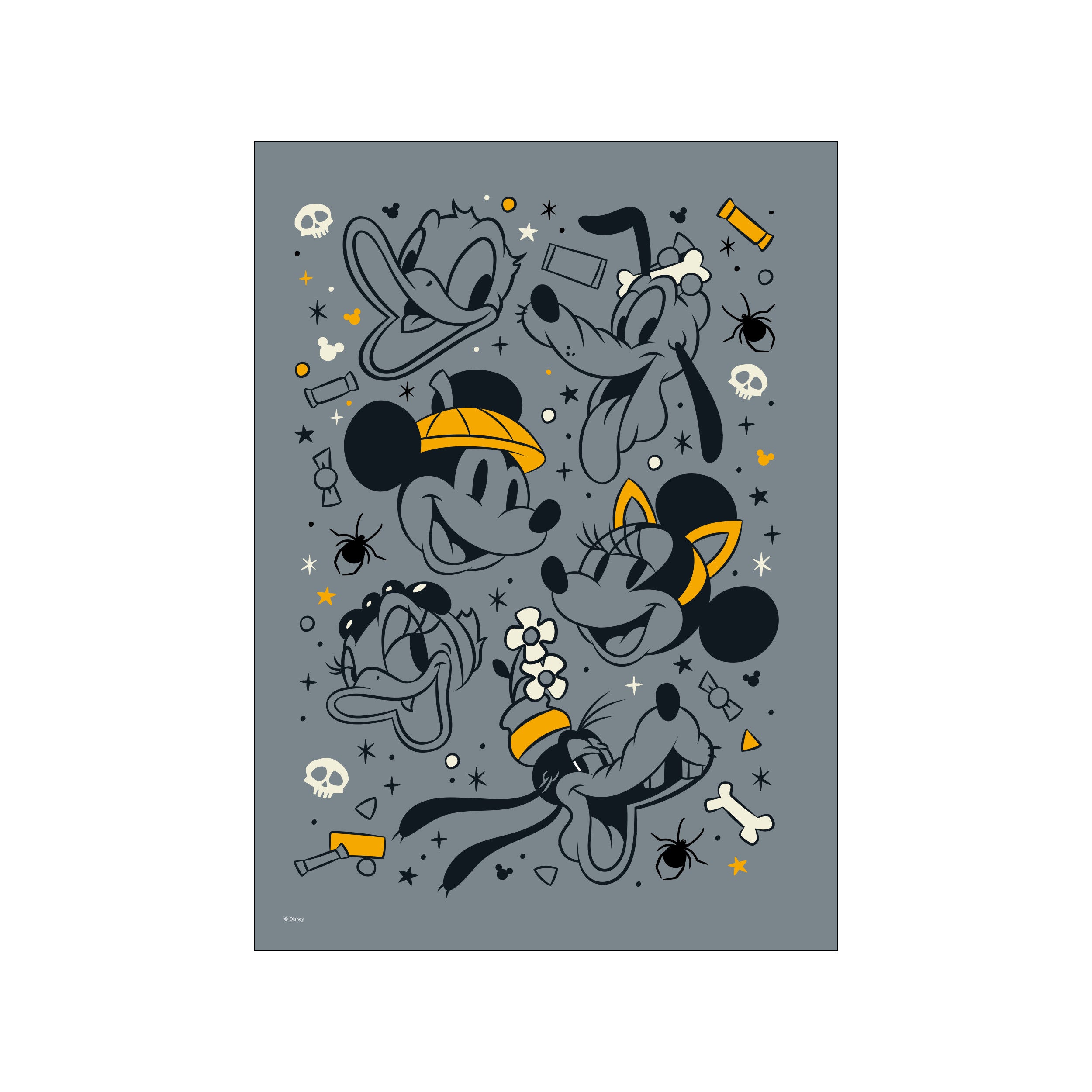A playful collection of iconic Disney character faces, including Mickey Mouse, Minnie Mouse, Donald Duck, and Goofy, adorned with subtle Halloween elements like stars and skulls on a grey background, accented with pops of yellow.