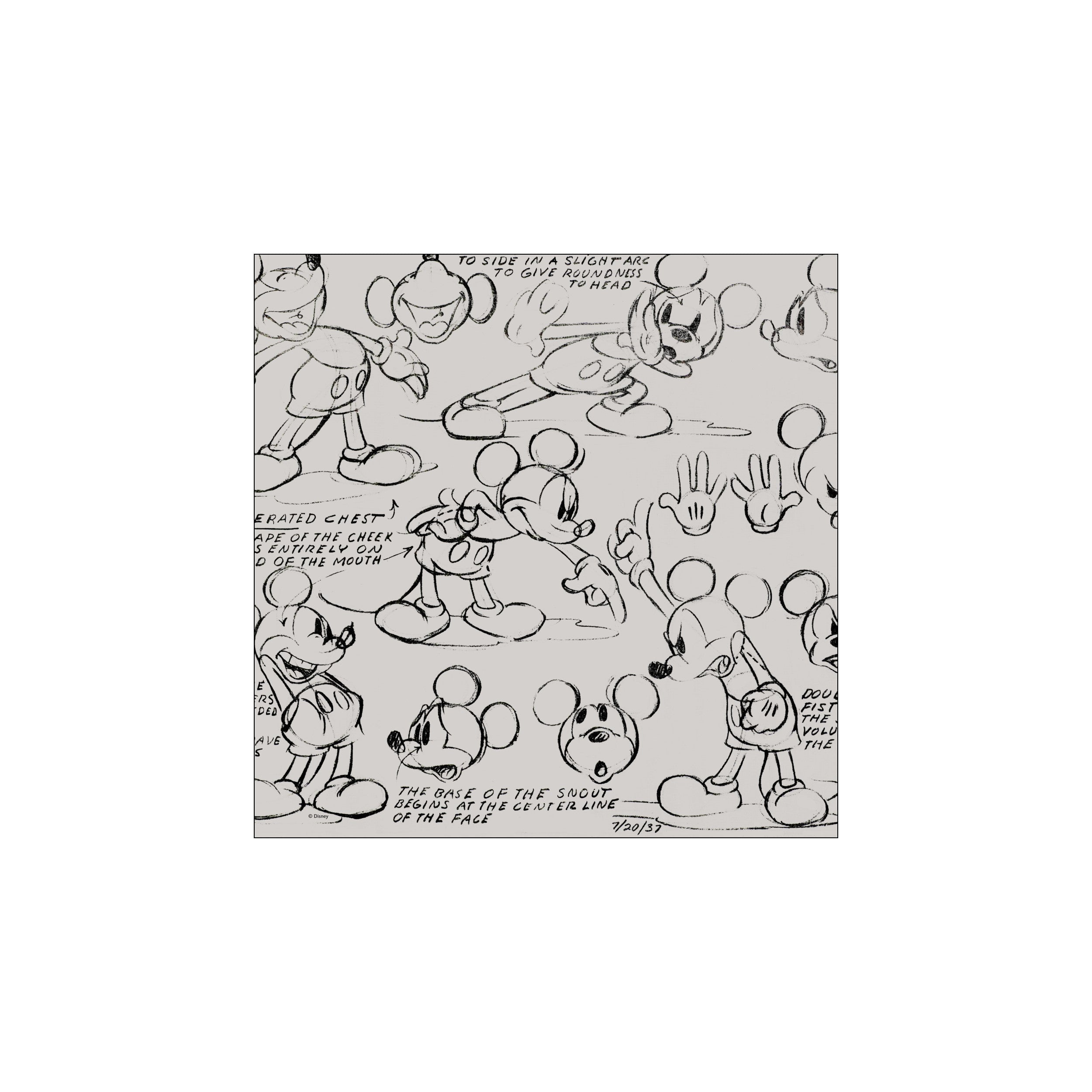 A collection of hand-drawn animation sketches of Mickey Mouse in various poses and expressions, rendered in black charcoal lines on a soft gray background, hinting at classic character development.