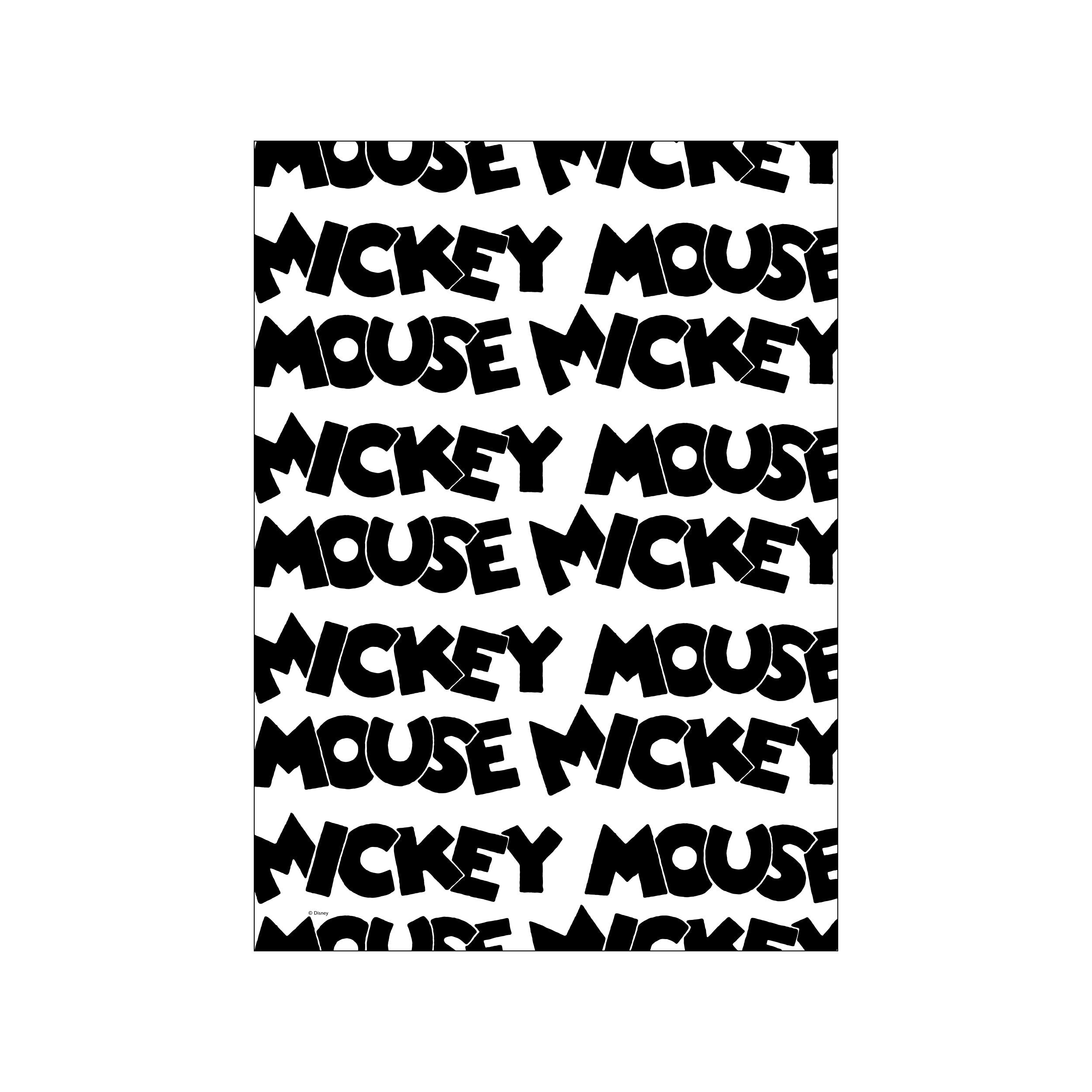 Bold, black lettering spelling out 'Mickey Mouse' repeats across a white background in this playful graphic art piece, evoking a sense of energetic nostalgia and modern design.