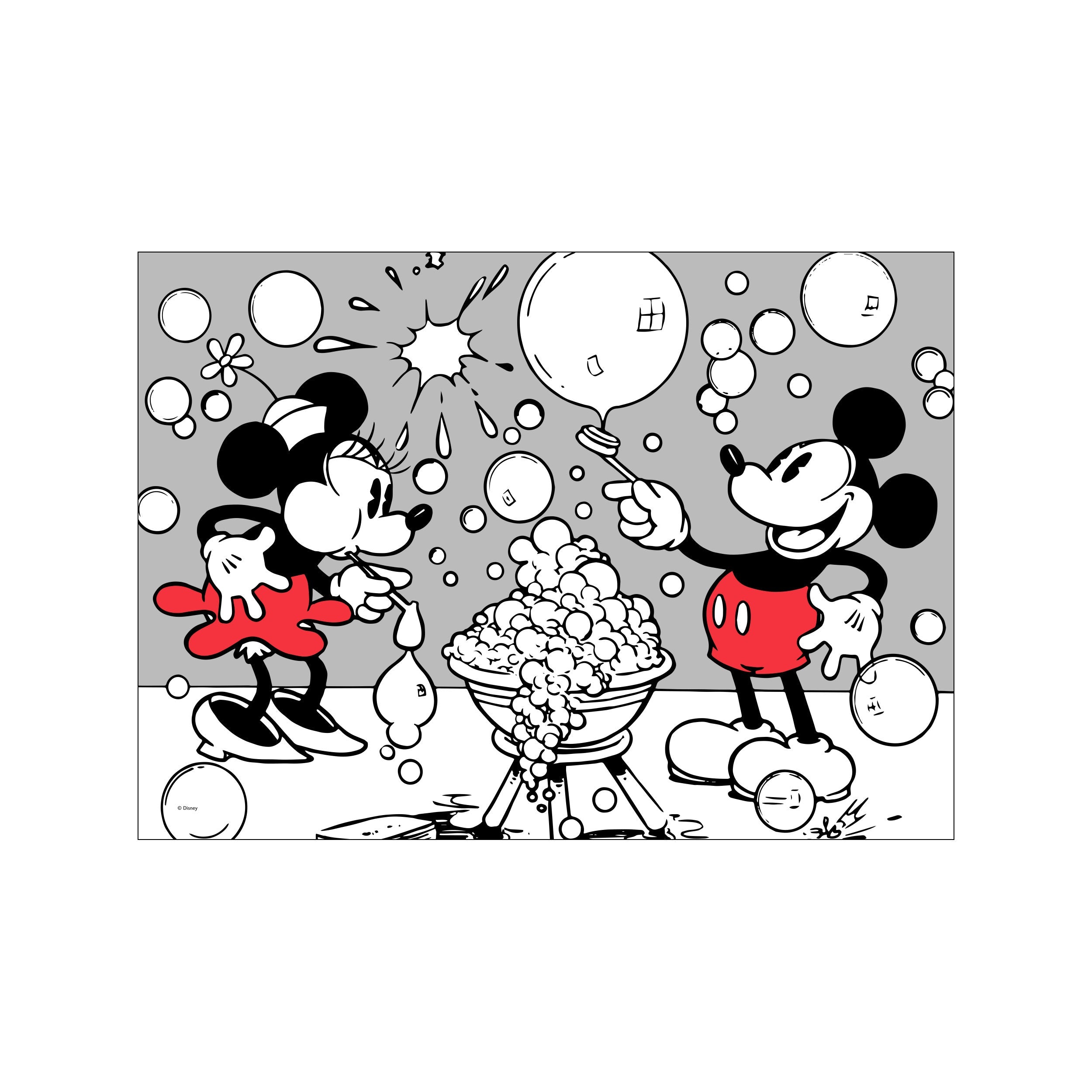 Mickey and Minnie Mouse cheerfully blowing and playing with numerous bubbles, rendered in a charming black and white illustration with hints of red, evoking a joyful and nostalgic atmosphere.