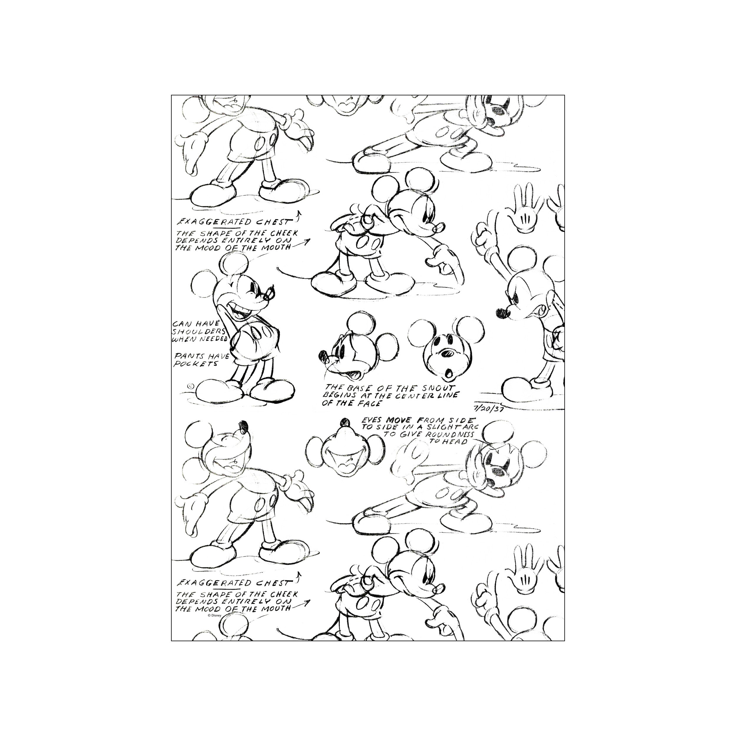 A collection of hand-drawn pencil sketches of Mickey Mouse from 1937, showing various poses and facial expressions, presented on a white background.