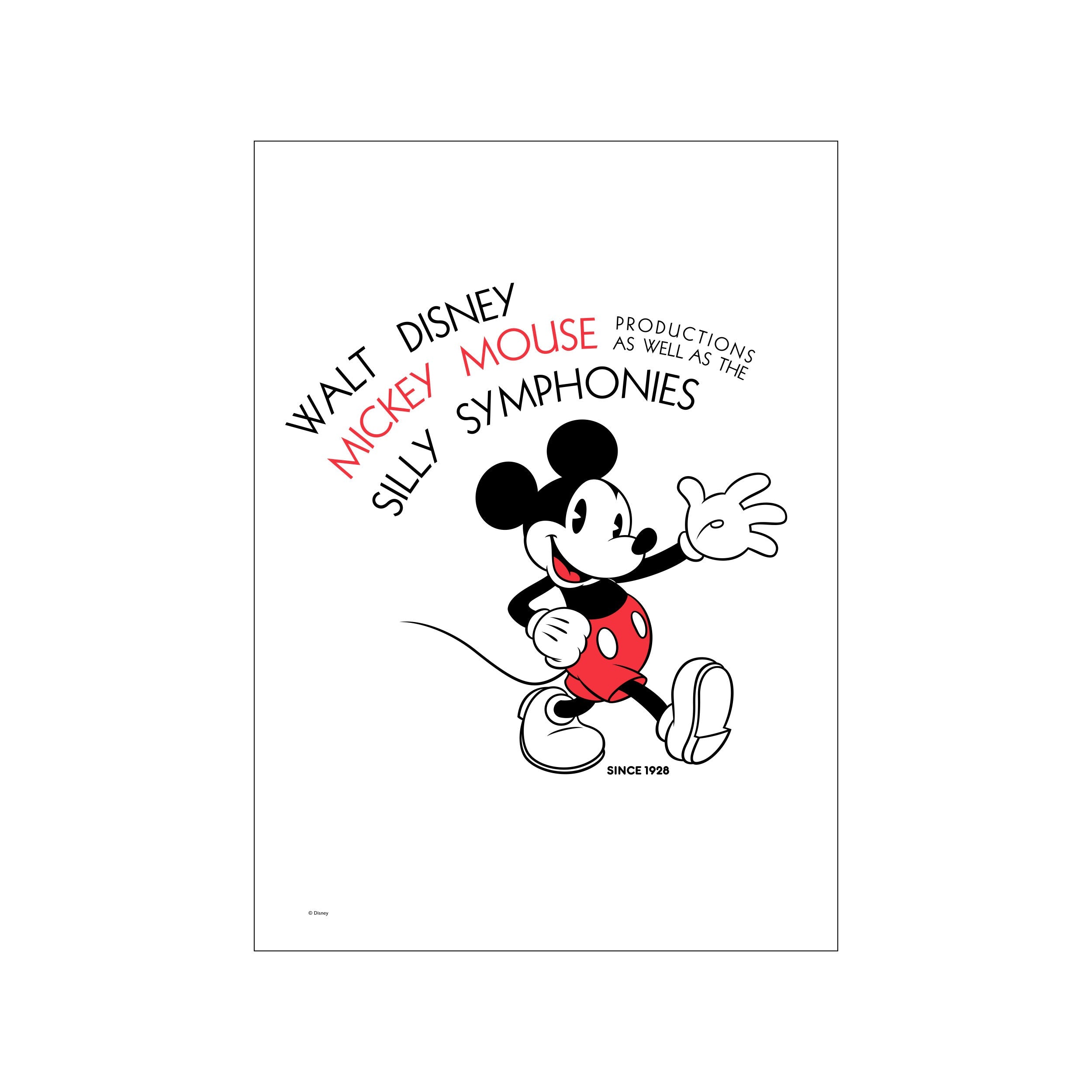 Mickey Mouse in classic red shorts and black outfit, depicted in a dynamic step pose with whimsical text surrounding him in black and red, suggesting a vintage animation feel.