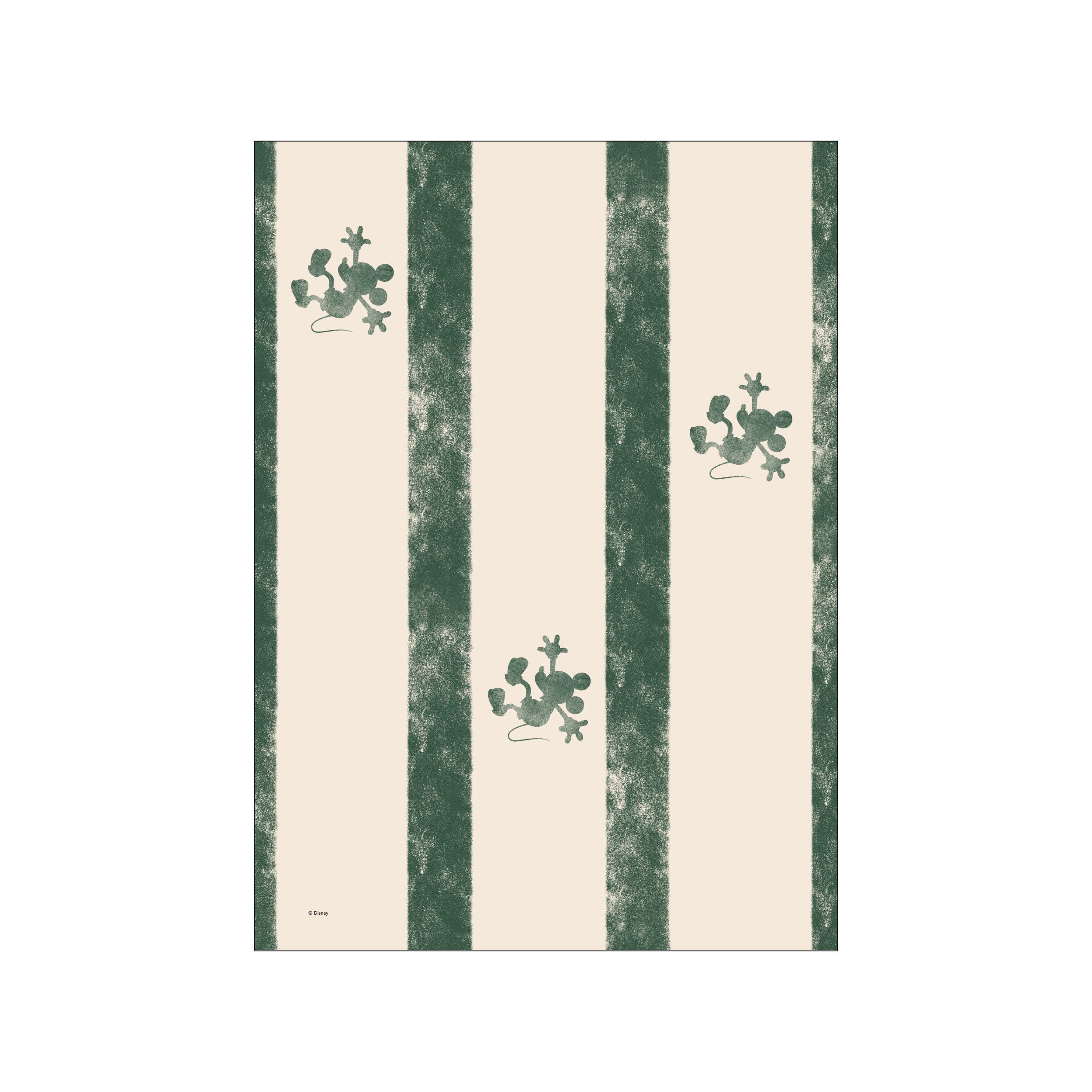 Mickey Mouse silhouetted in a playful pose, climbing against a background of creamy and deep forest green vertical stripes, evoking a sense of whimsical motion and retro charm.